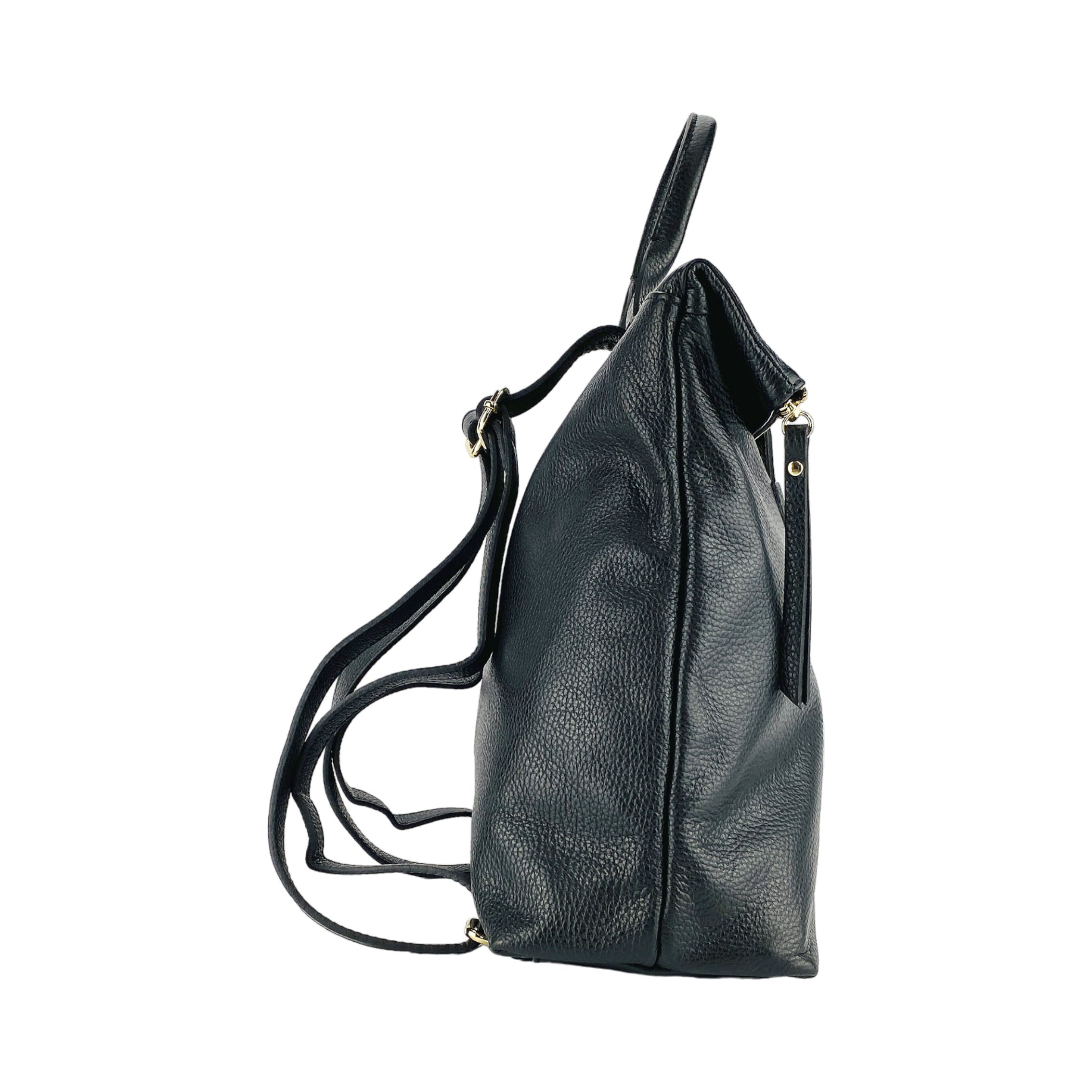 RB1021A | Zaino Donna Morbido in Vera Pelle Made in Italy con Spallacci regolabili. Chiusura lampo e Accessori in metallo Oro Lucido - Colore Nero - Dimensioni: cm 30 x 34 x 10,5-3