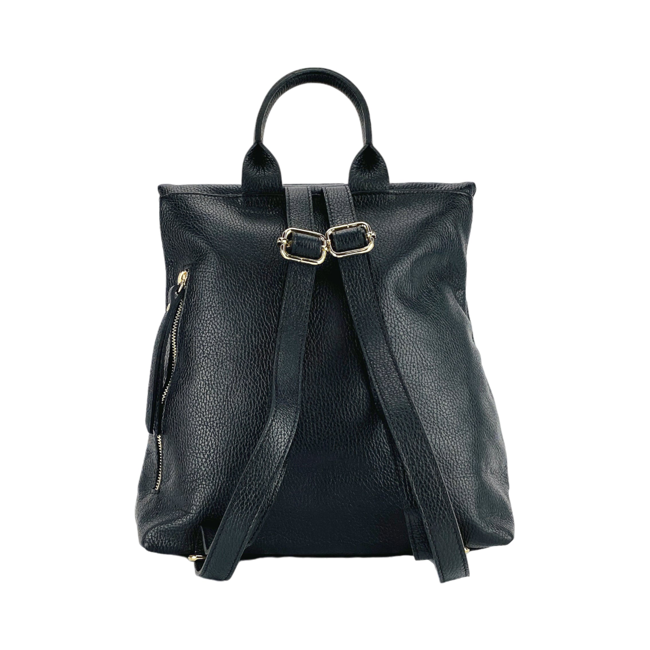 RB1021A | Zaino Donna Morbido in Vera Pelle Made in Italy con Spallacci regolabili. Chiusura lampo e Accessori in metallo Oro Lucido - Colore Nero - Dimensioni: cm 30 x 34 x 10,5-4