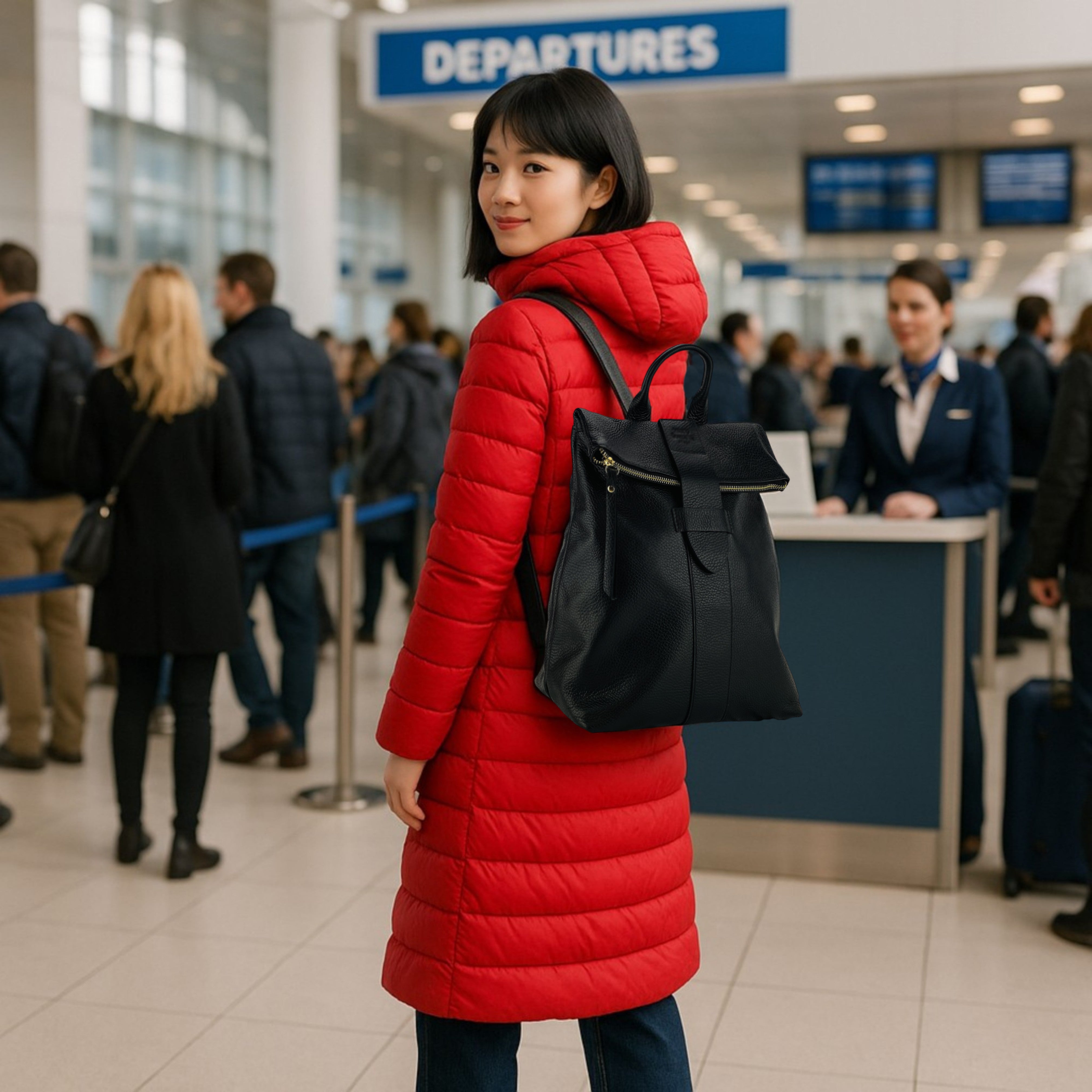Damen Lederrucksack Schwarz – stilvoll getragen von einer Frau, italienische Mode Made in Italy