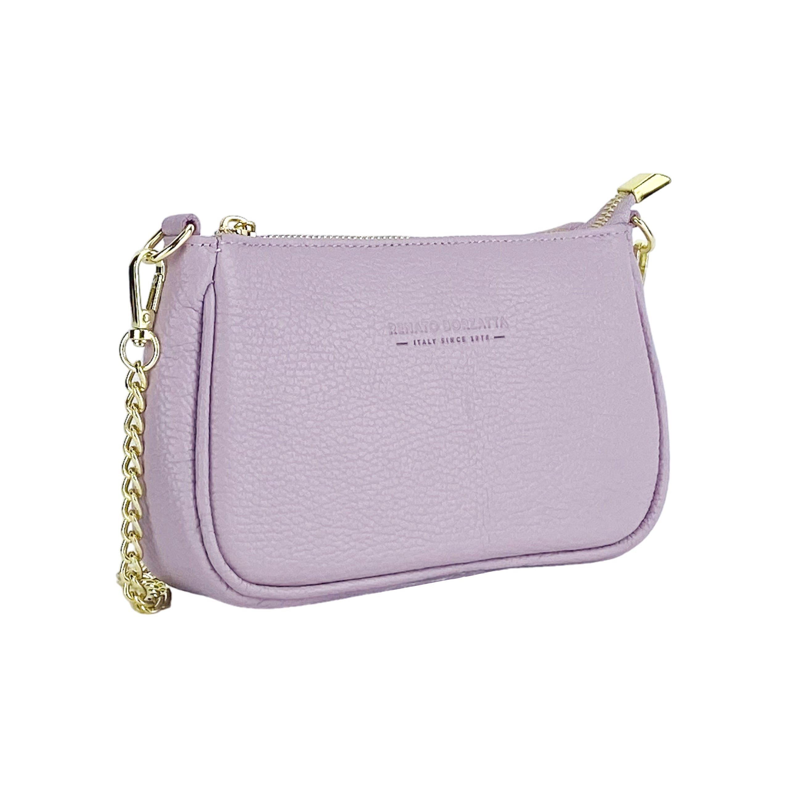 Kleine italienische Lederhandtasche in Lila – elegante Damen Tasche mit abnehmbarer Ketten-Schulterriemen, Reißverschluss und goldenen Details, Made in Italy.
