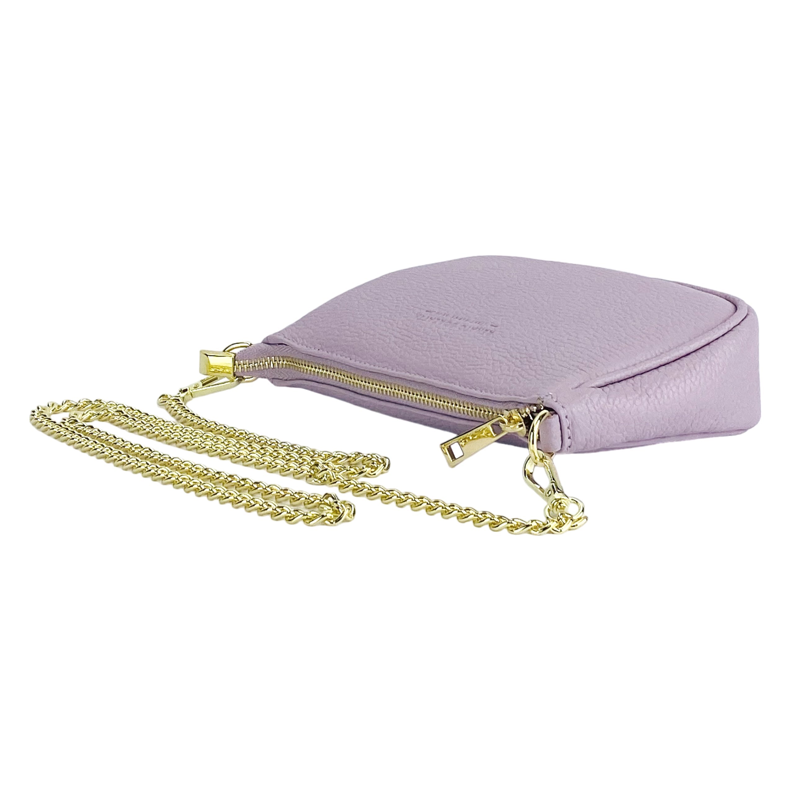 RB1022CI | Small Genuine Leather Bag Made in Italy with Removable Chain Shoulder Strap. Zip Closure and Polished Gold Metal Accessories. Lilac Color. Dimensions: 20 x 12 x 6 cm.-3
