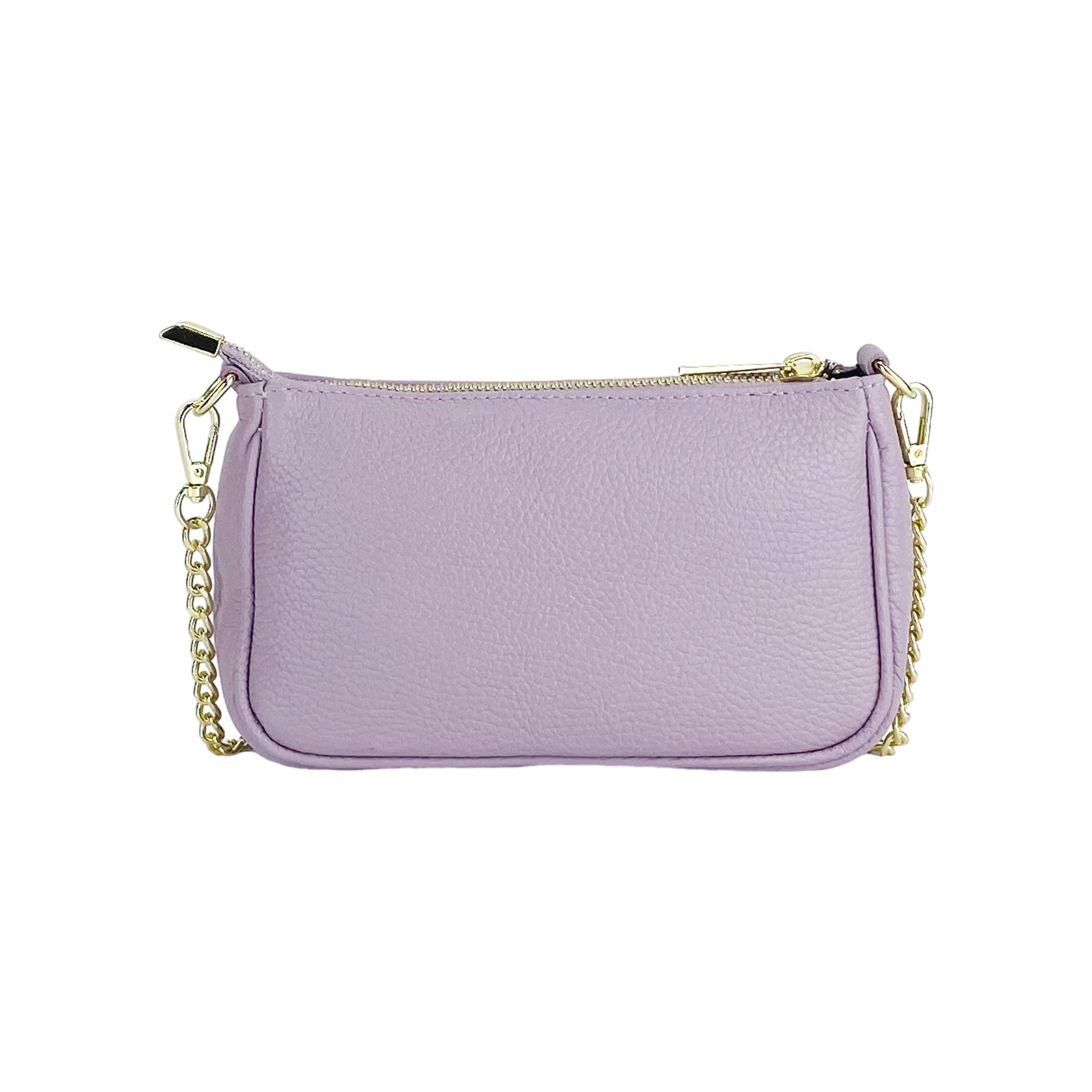 Kleine italienische Lederhandtasche in Lila – elegante Damen Tasche mit abnehmbarer Ketten-Schulterriemen, Reißverschluss und goldenen Details, Made in Italy.