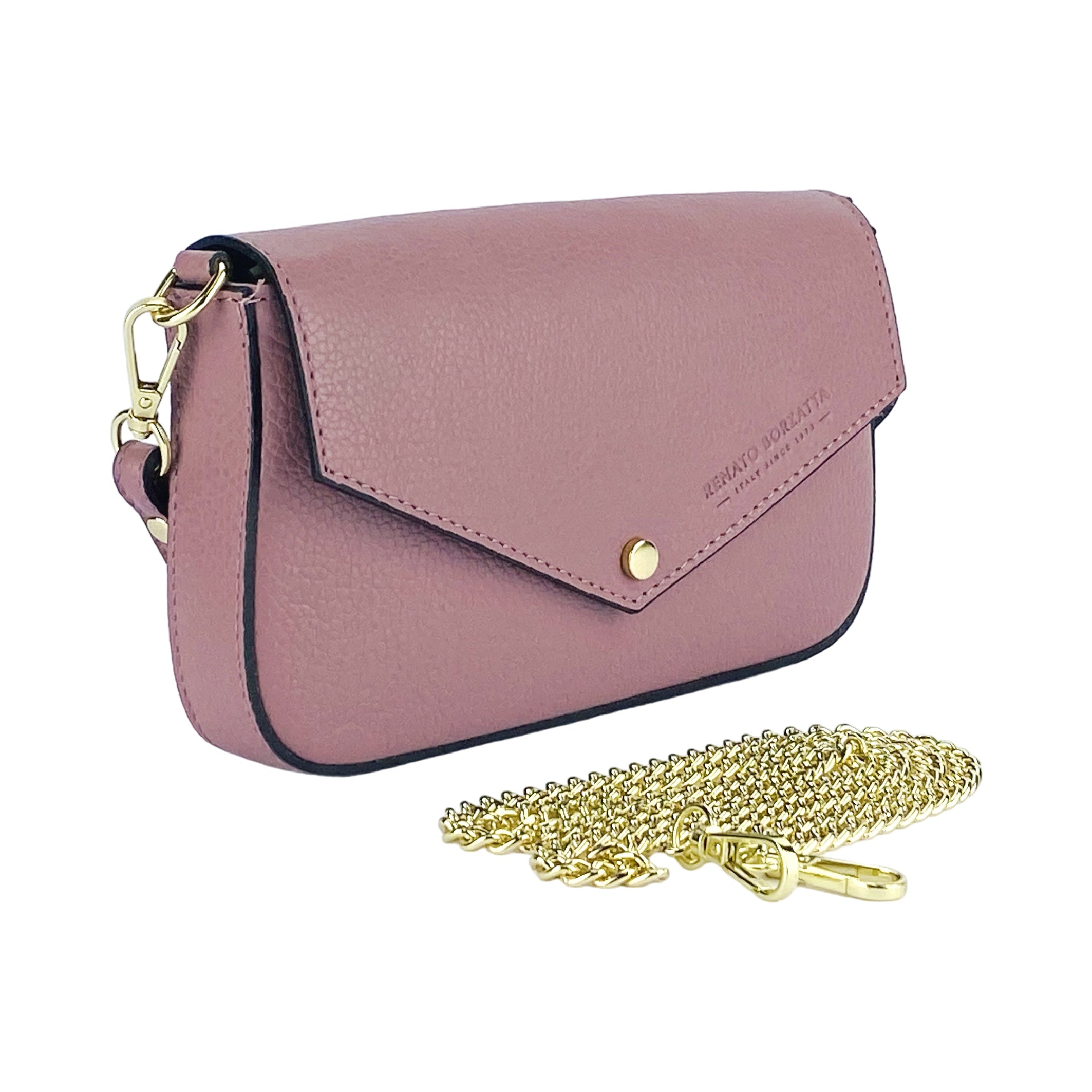 Italienische Damen Umhängetasche Rosa – Kleine Schultertasche aus Echtleder mit Kettenriemen, handgefertigt in Italien 🇮🇹