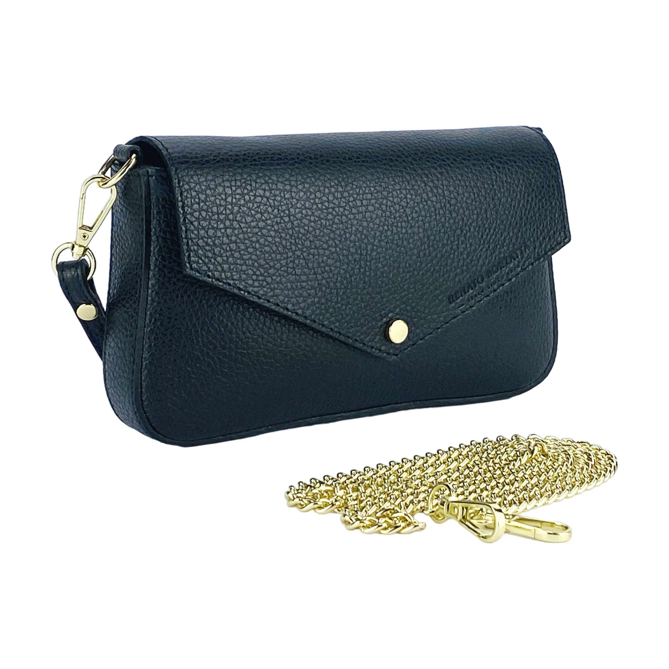 chwarze Damen Ledertasche mit goldener Kette Made in Italy