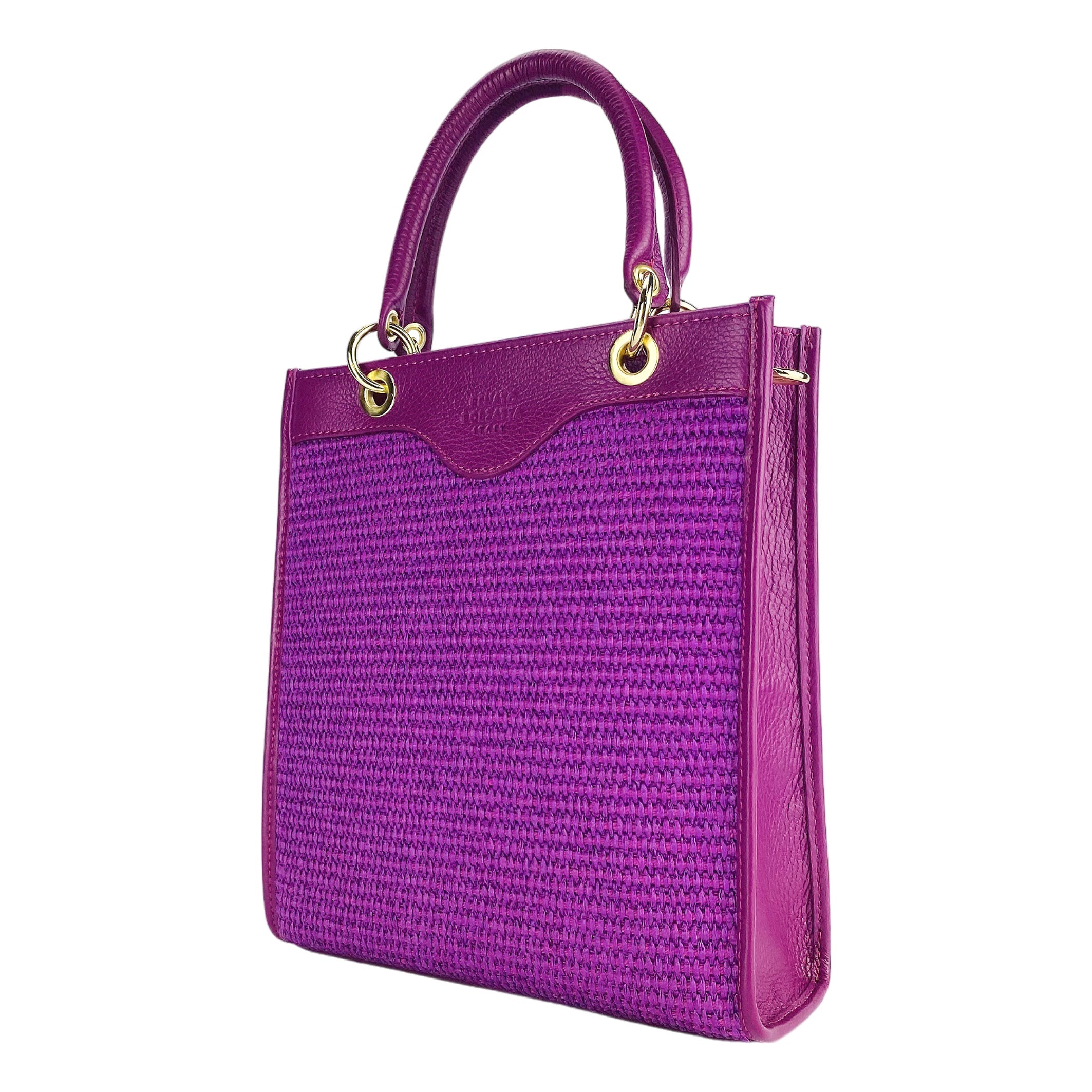 RB1026CN | Women's Vertical Handbag in Genuine Leather and Straw Made in Italy. Removable and adjustable leather shoulder strap. Polished Gold Accessories - Raspberry Color - Dimensions: 24 x 29 x 9 cm-0