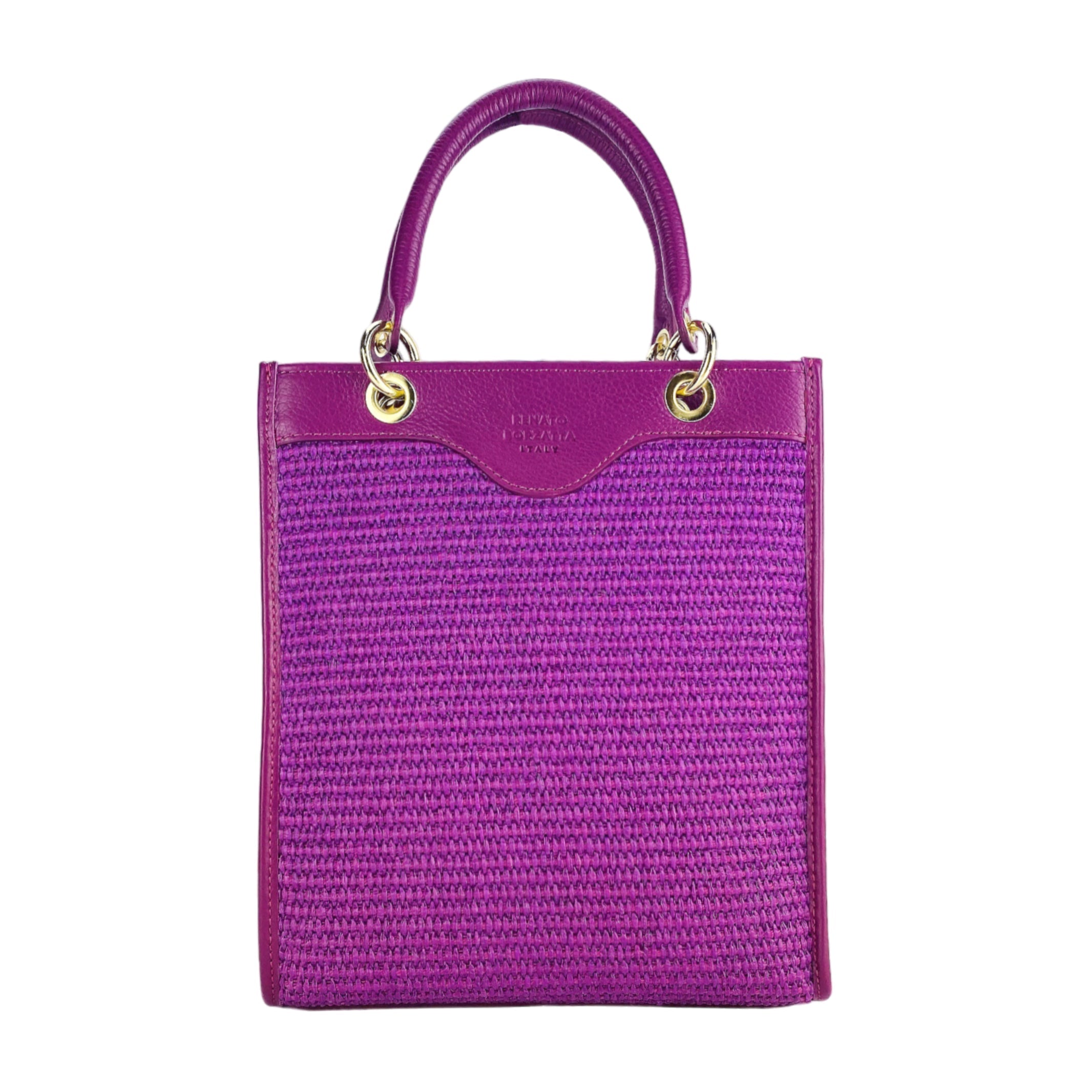 RB1026CN | Women's Vertical Handbag in Genuine Leather and Straw Made in Italy. Removable and adjustable leather shoulder strap. Polished Gold Accessories - Raspberry Color - Dimensions: 24 x 29 x 9 cm-1