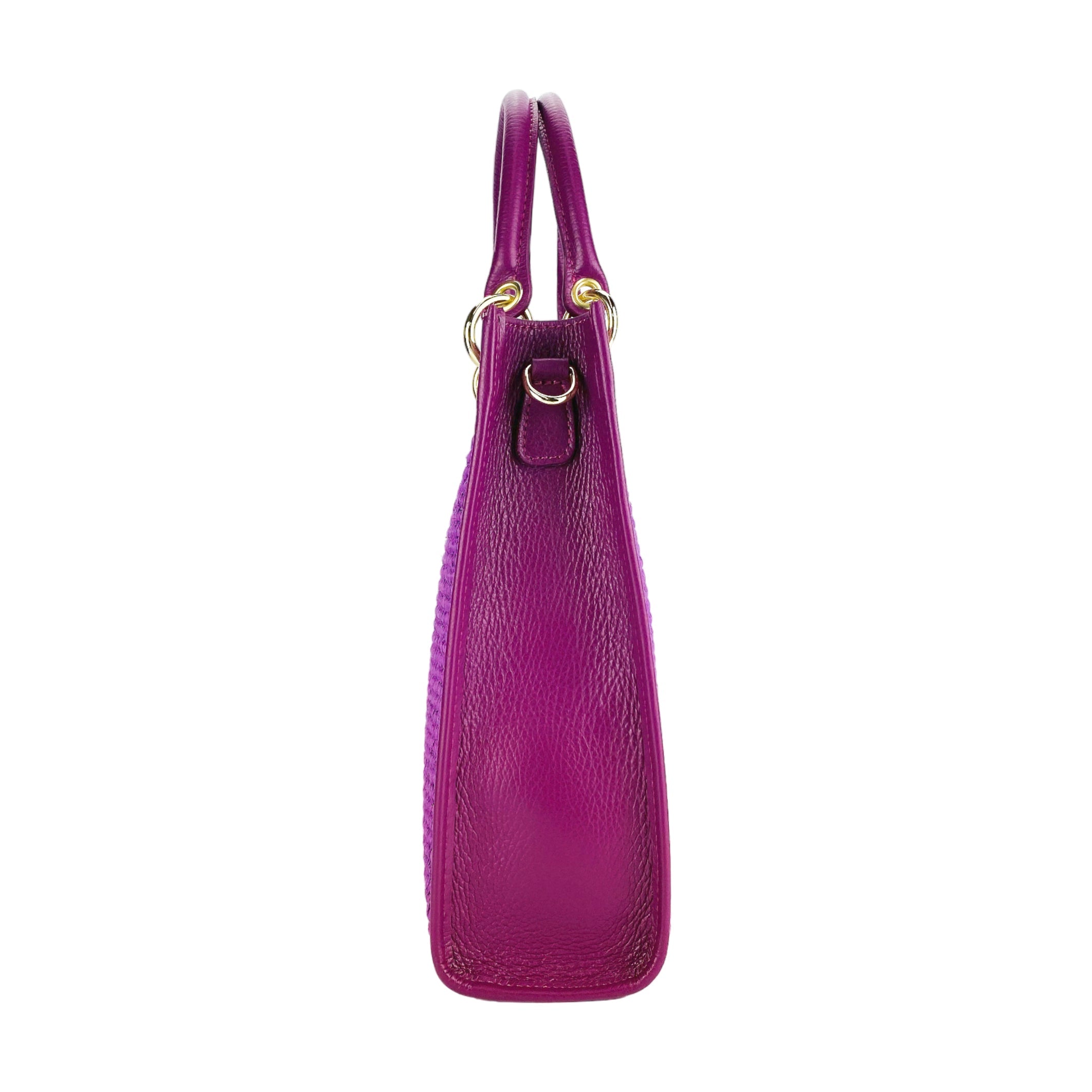 RB1026CN | Women's Vertical Handbag in Genuine Leather and Straw Made in Italy. Removable and adjustable leather shoulder strap. Polished Gold Accessories - Raspberry Color - Dimensions: 24 x 29 x 9 cm-3