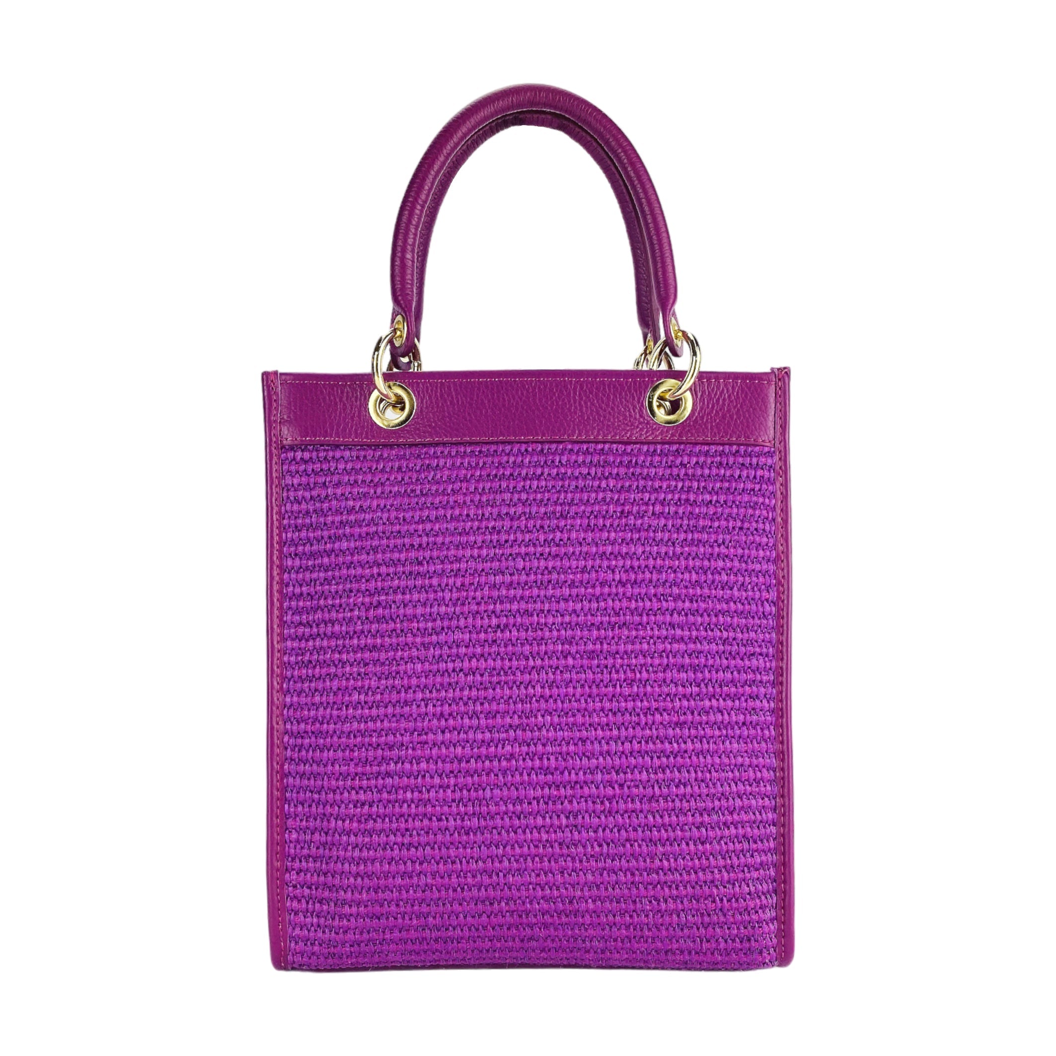 RB1026CN | Women's Vertical Handbag in Genuine Leather and Straw Made in Italy. Removable and adjustable leather shoulder strap. Polished Gold Accessories - Raspberry Color - Dimensions: 24 x 29 x 9 cm-4