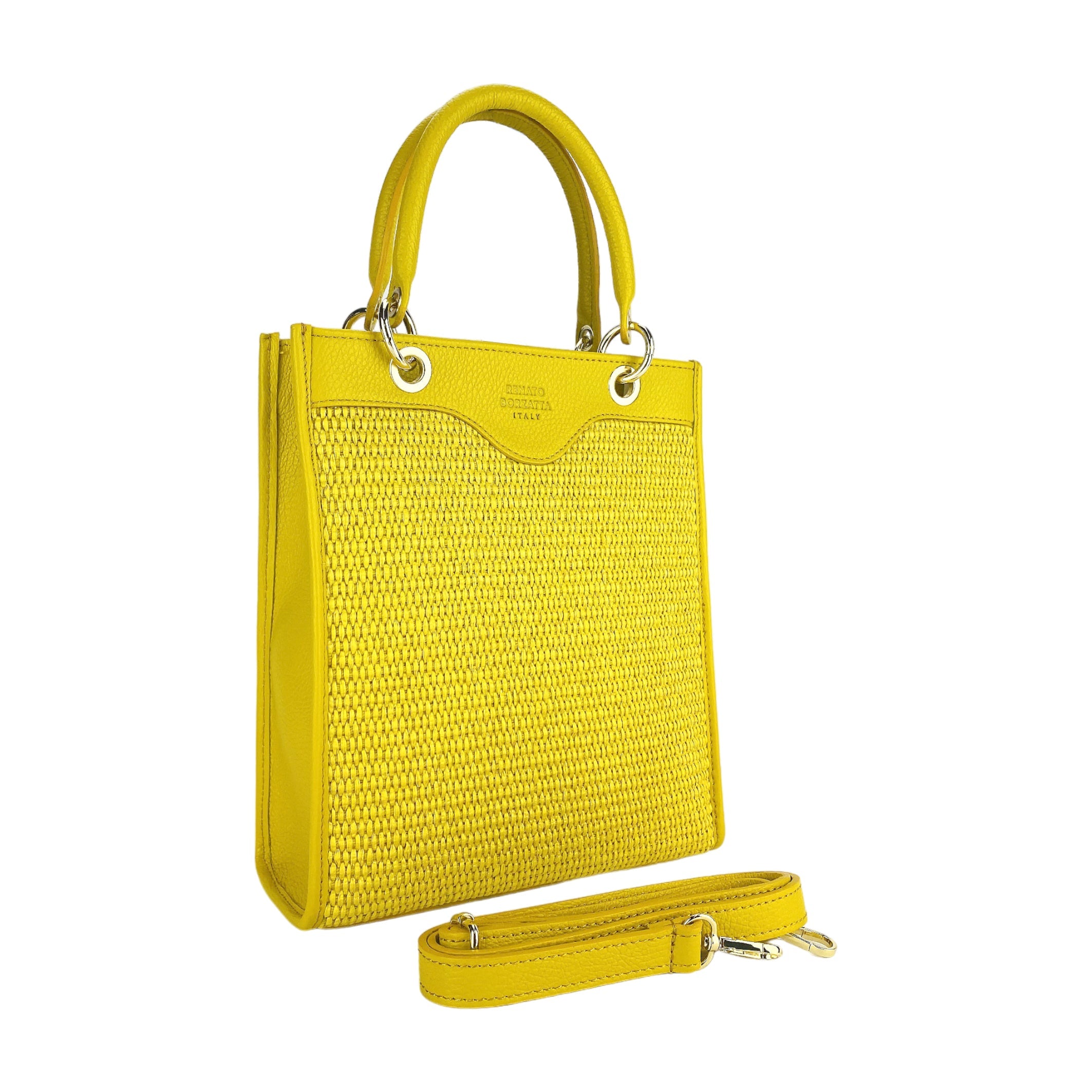 Italienische Damen Handtasche aus Leder und Stroh in Gelb – elegante Tote Bag Made in Italy mit abnehmbarer Lederriemen.