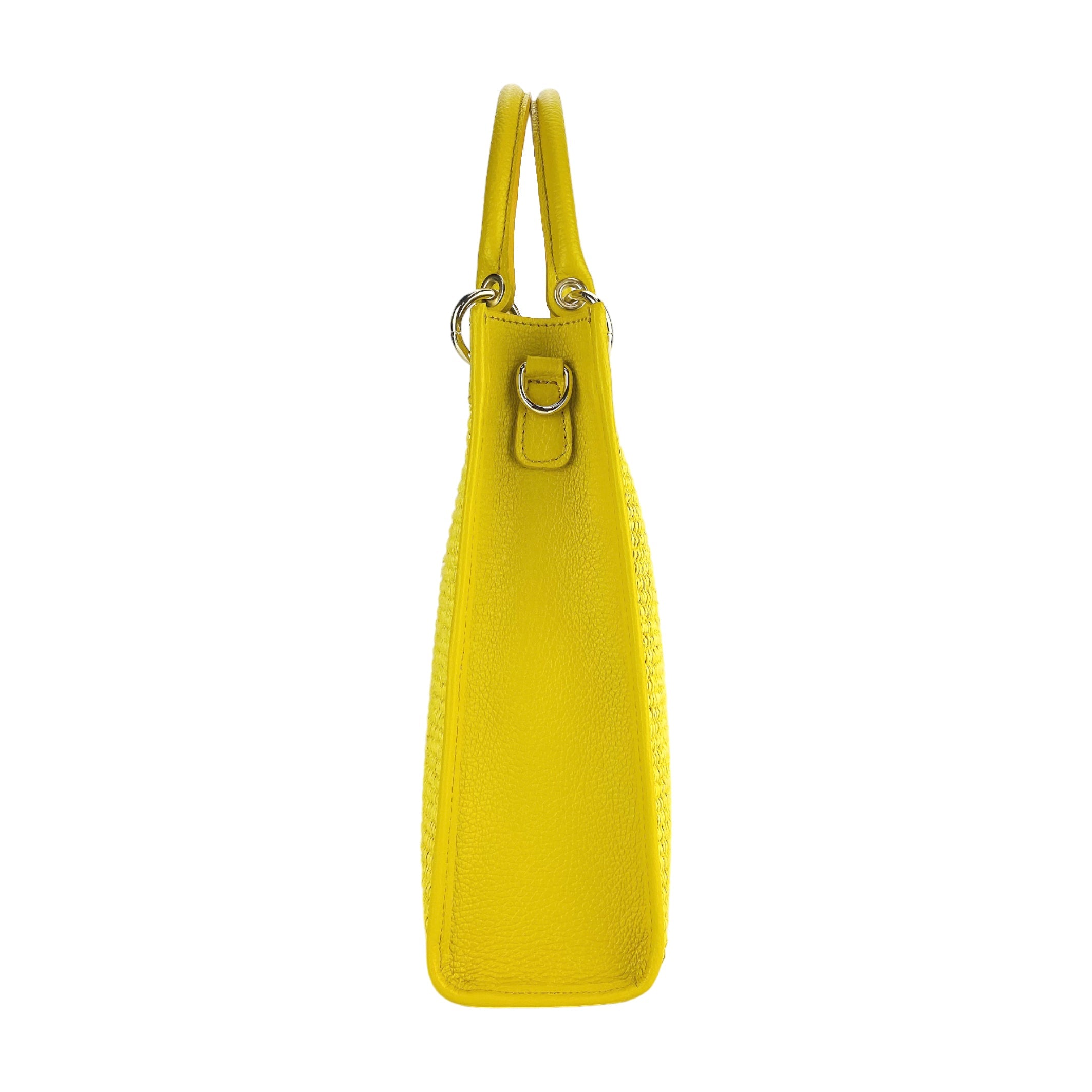 Italienische Damen Handtasche aus Leder und Stroh in Gelb – elegante Tote Bag Made in Italy mit abnehmbarer Lederriemen.