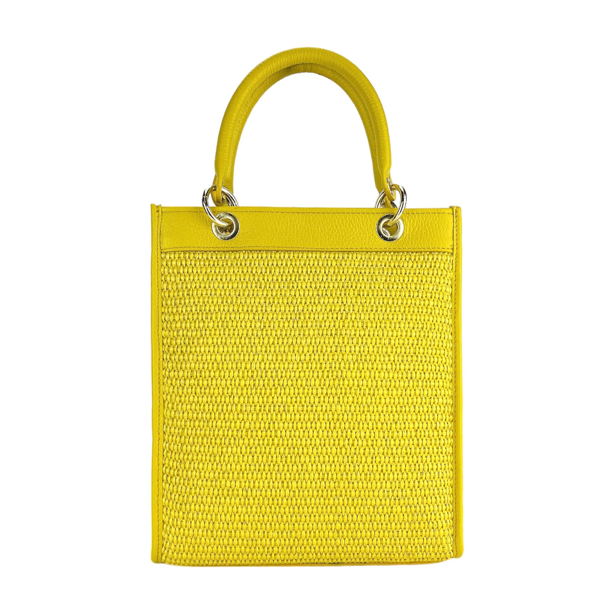 Italienische Damen Handtasche aus Leder und Stroh in Gelb – elegante Tote Bag Made in Italy mit abnehmbarer Lederriemen.