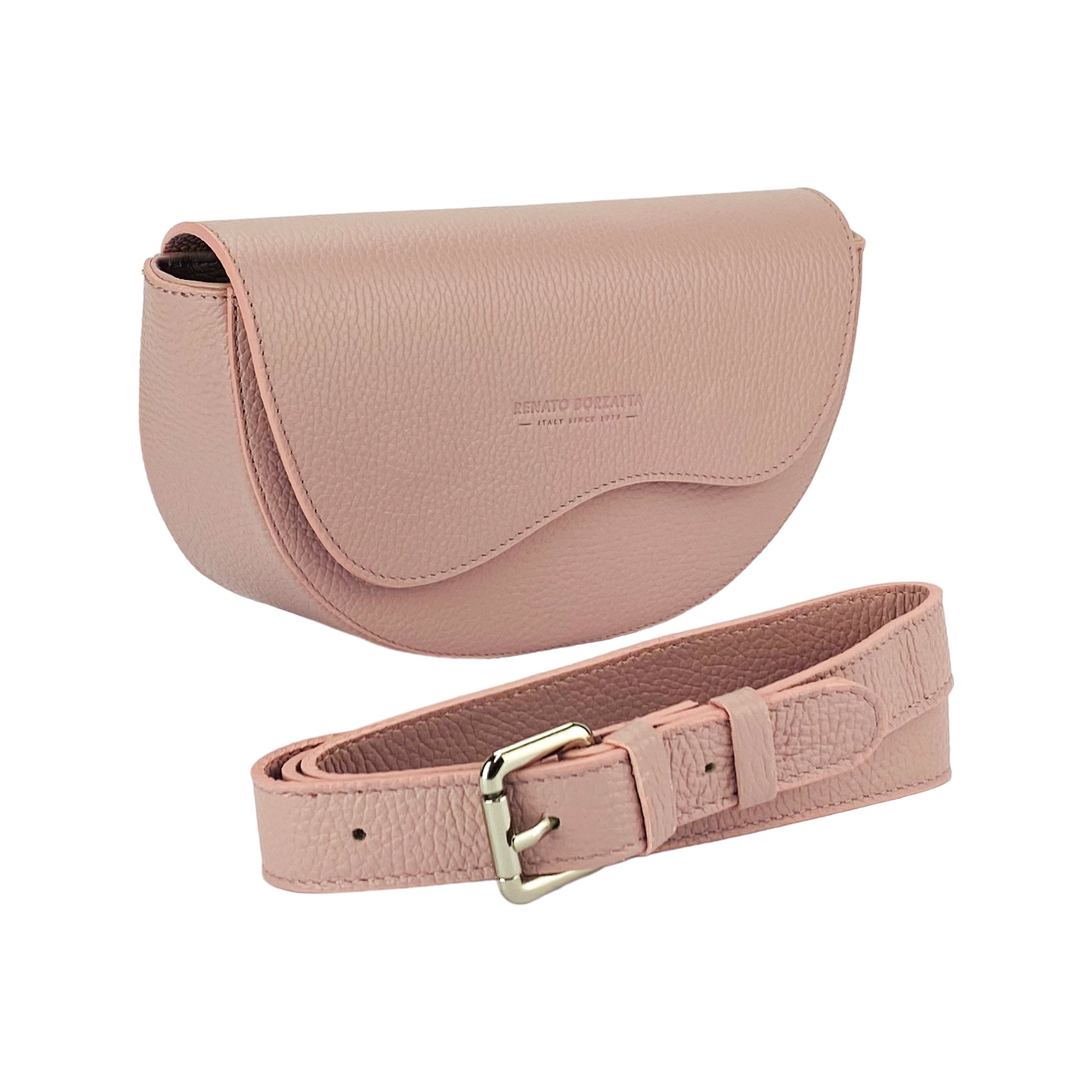 RB1027AZ | Borsa Donna a Bandoliera stondata in Vera Pelle Made in Italy. Tracolla removibile e regolabile in pelle. Accessori Nickel Lucido - Colore Rosa Antico - Dimensioni: cm 25 x 15 x 9-0