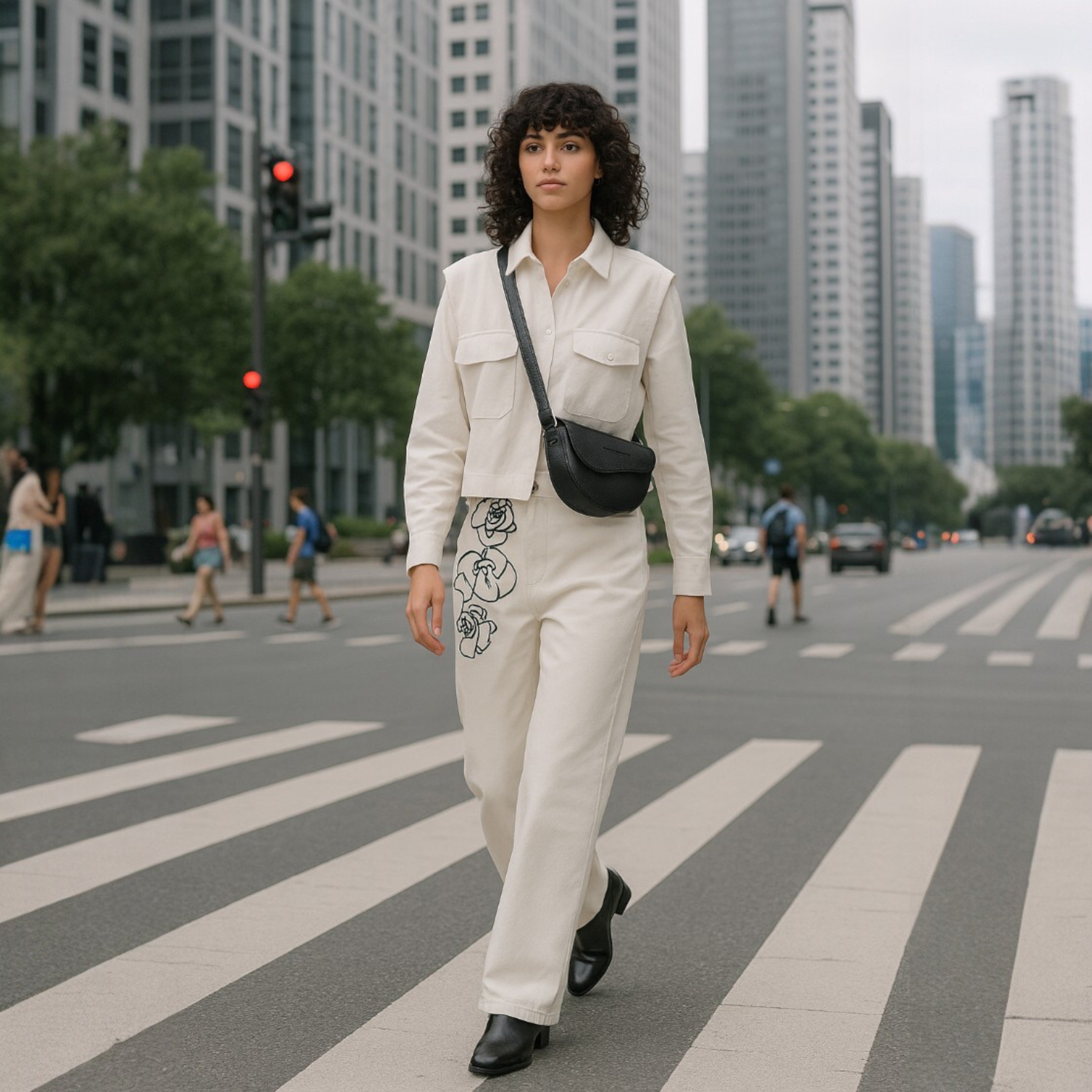 Stilvolle Frau mit italienischer Umhängetasche Echtleder Schwarz auf der Straße – Fashion Look