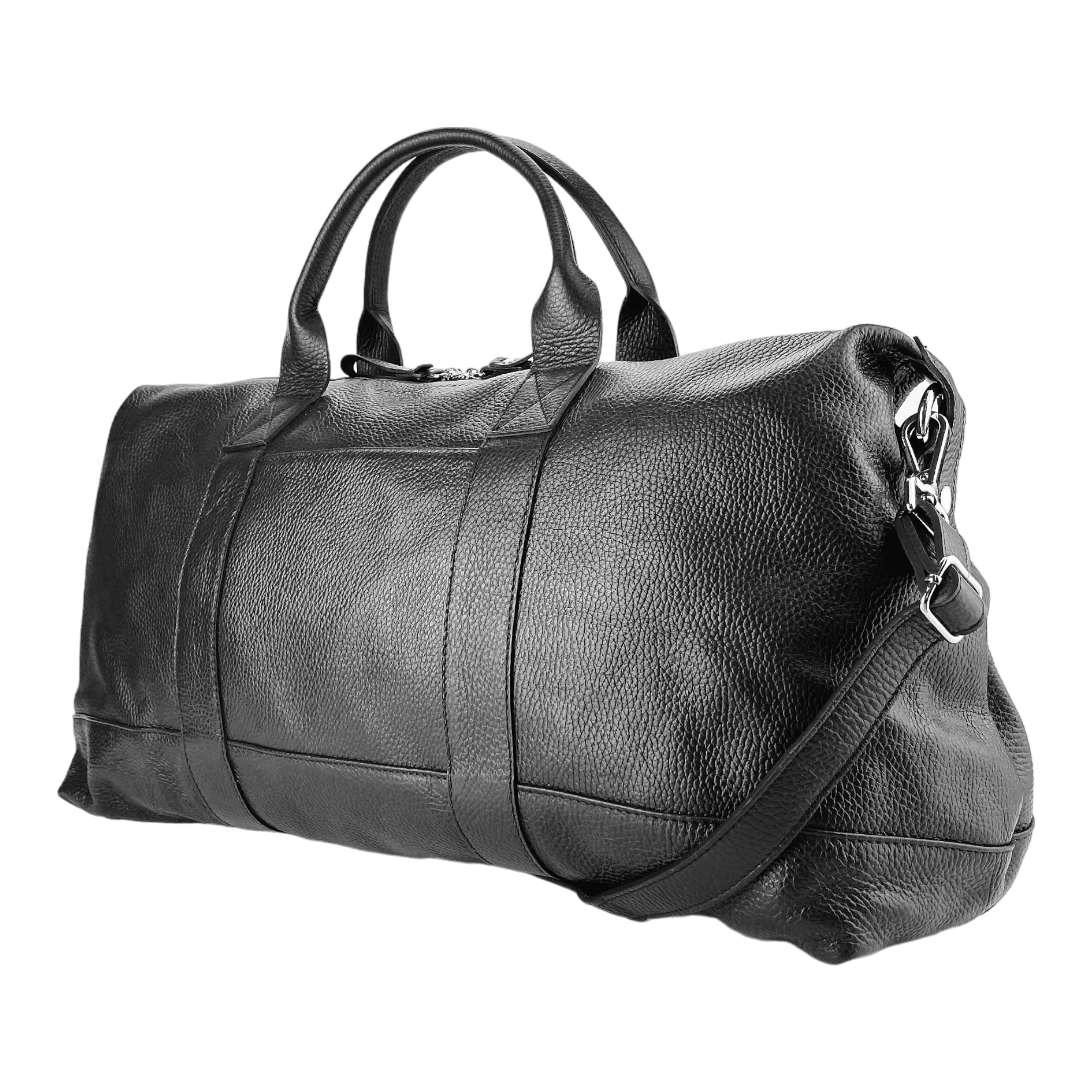 Italienische schwarze Leder Reisetasche für Herren & Damen – elegante Travel Bag mit abnehmbarem Schulterriemen, Reißverschluss und hochwertiger Verarbeitung, Made in Italy.
