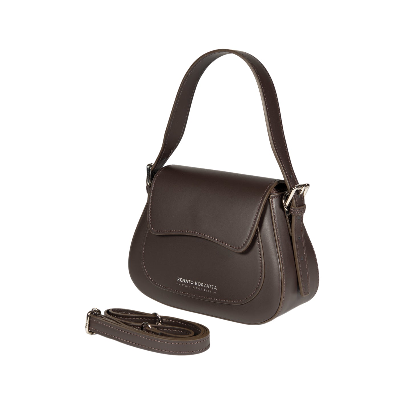 RB1030B | Borsa Donna a Spalla EMMA con pattina in Vera Pelle Made in Italy. Accessori in metallo Argento Lucido - Colore Testa Moro - Dimensioni: cm 24 x 18 x 9 + 14,5 (Luce manico)-1