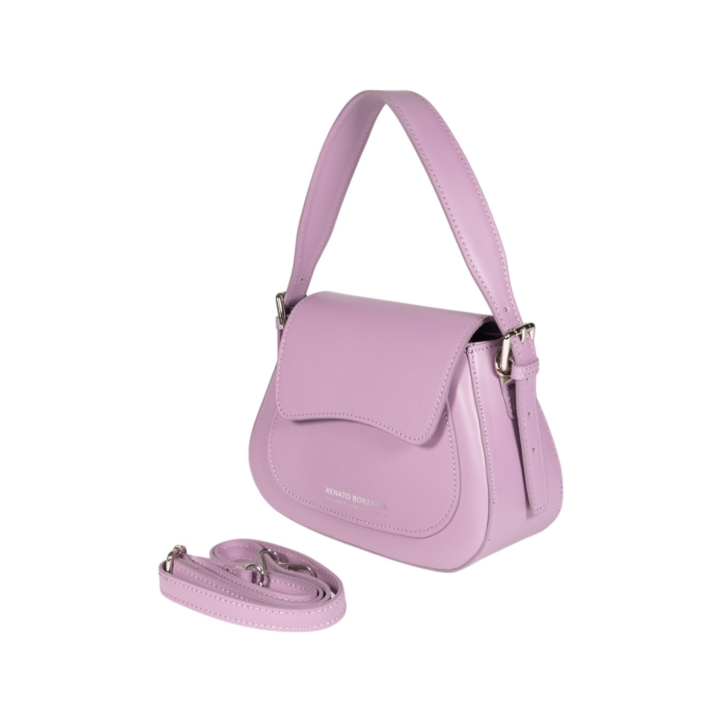 Elegante Damen Schultertasche EMMA aus echtem italienischem Leder in Lila – Renato Borzatta Design, mit silberfarbenen Metallaccessoires und Klappe, hochwertig und modern"