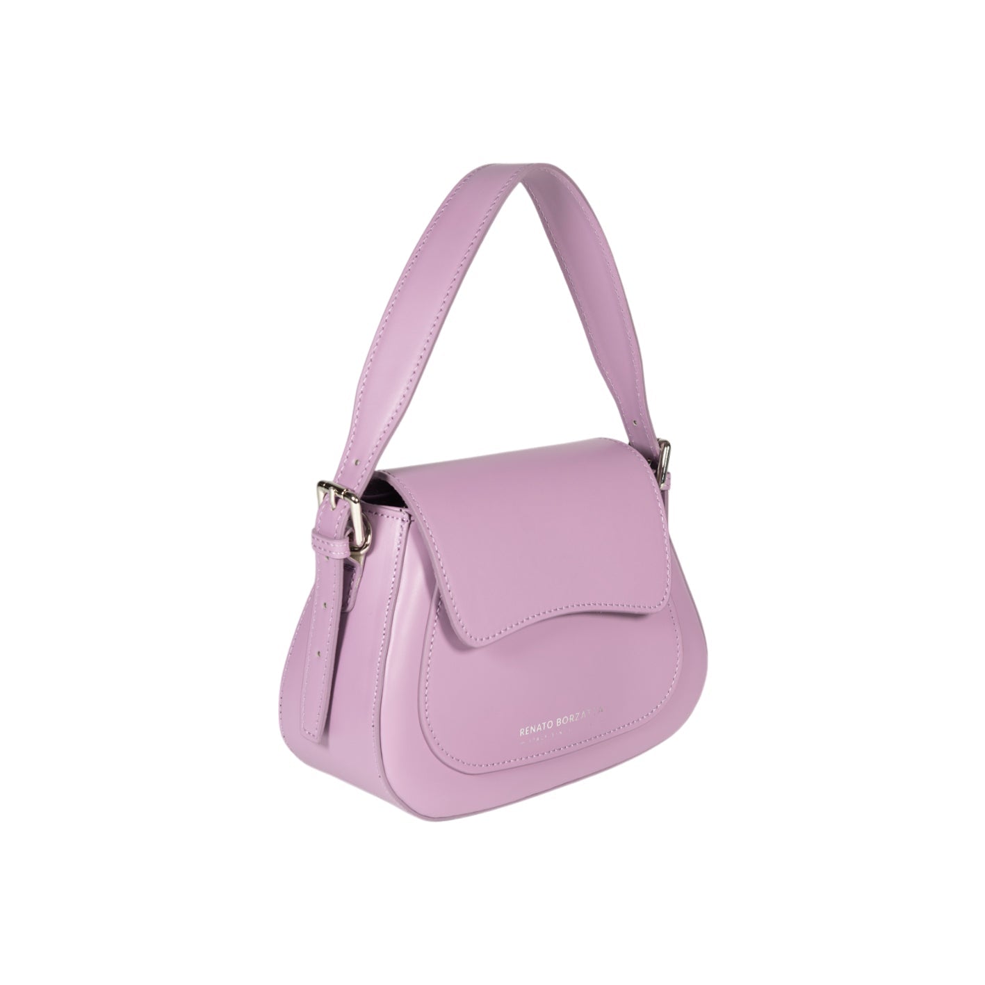 Elegante Damen Schultertasche EMMA aus echtem italienischem Leder in Lila – Renato Borzatta Design, mit silberfarbenen Metallaccessoires und Klappe, hochwertig und modern"