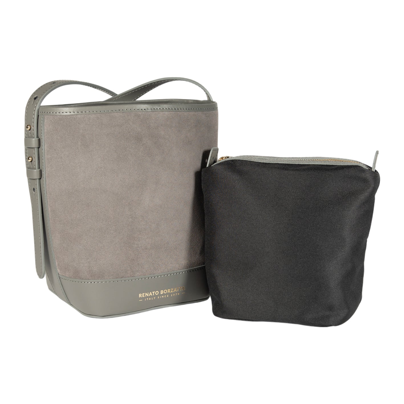 Italienische Damenhandtasche aus echtem Leder – Modell BRENDA in Grau, mit glänzenden goldfarbenen Metallaccessoires, handgefertigt in Italien, Maße 25 × 23,5 × 17 cm