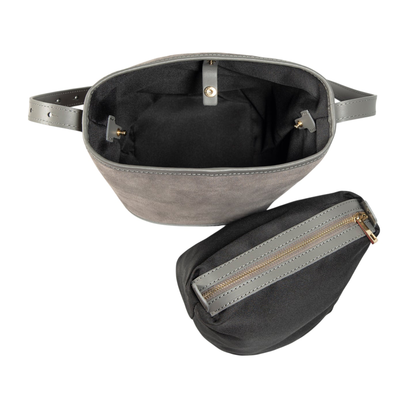 Italienische Damenhandtasche aus echtem Leder – Modell BRENDA in Grau, mit glänzenden goldfarbenen Metallaccessoires, handgefertigt in Italien, Maße 25 × 23,5 × 17 cm
