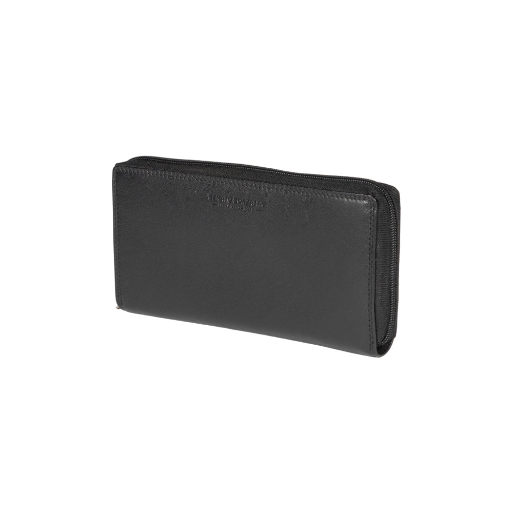 Damen-Geldbörse aus echtem Vollnarbenleder mit feiner Narbung. Farbe: Schwarz. RFID-Schutz. Maße: ca. 20 × 10 × 2,5 cm. Verpackung: Geschenkschachtel mit Boden und Deckel.