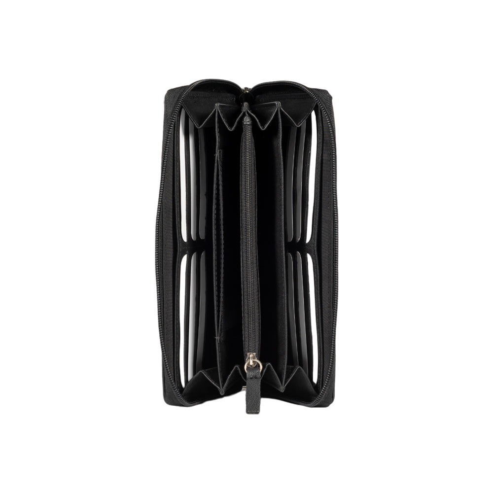 Damen-Geldbörse aus echtem Vollnarbenleder mit feiner Narbung. Farbe: Schwarz. RFID-Schutz. Maße: ca. 20 × 10 × 2,5 cm. Verpackung: Geschenkschachtel mit Boden und Deckel.