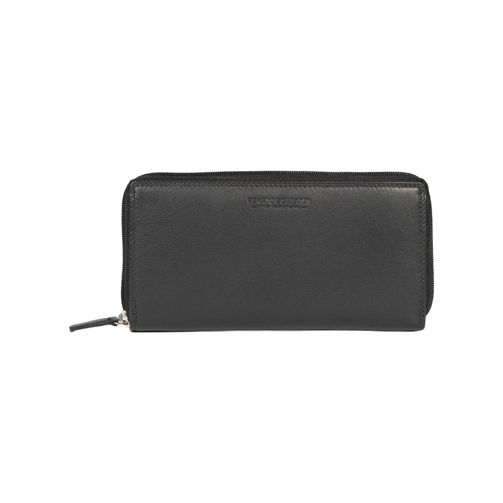 Damen-Geldbörse aus echtem Vollnarbenleder mit feiner Narbung. Farbe: Schwarz. RFID-Schutz. Maße: ca. 20 × 10 × 2,5 cm. Verpackung: Geschenkschachtel mit Boden und Deckel.