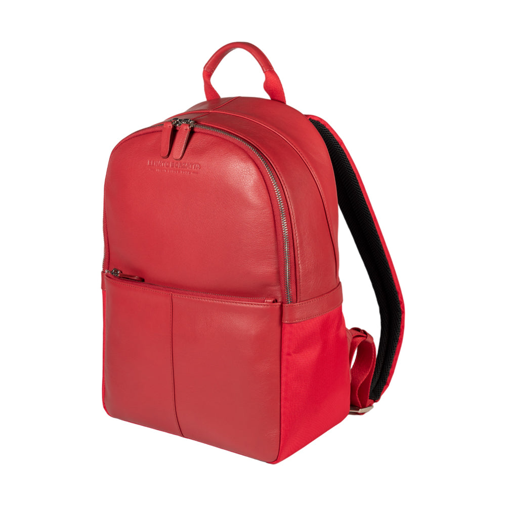 Italienischer Laptop Rucksack Leder Nylon Rot – Vorderansicht, elegantes italienisches Design, Made in Italy