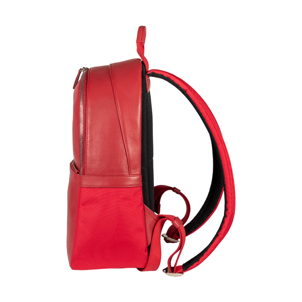 Italienischer Laptop Rucksack Leder Nylon Rot – Vorderansicht, elegantes italienisches Design, Made in Italy