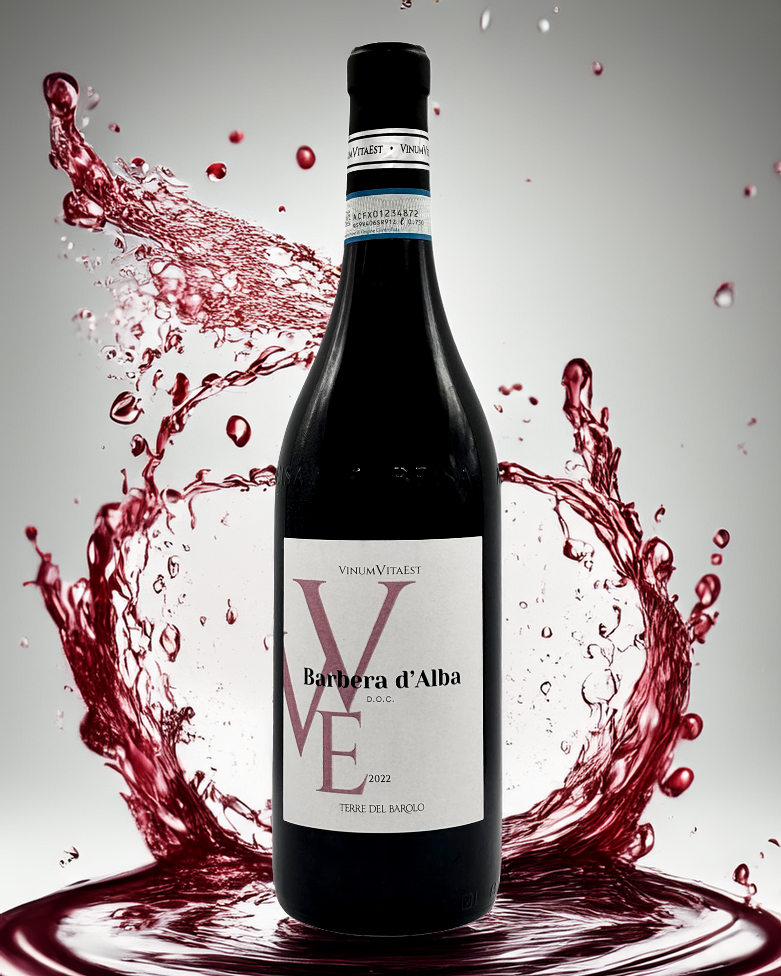 Barbera d'Alba DOC von Vinum Vitae mit elegantem Weinsplash im modernen 3D-Stil – italienischer Qualitätswein aus dem Piemont, perfekt für Fleischgerichte, online erhältlich bei Bella Italia Store