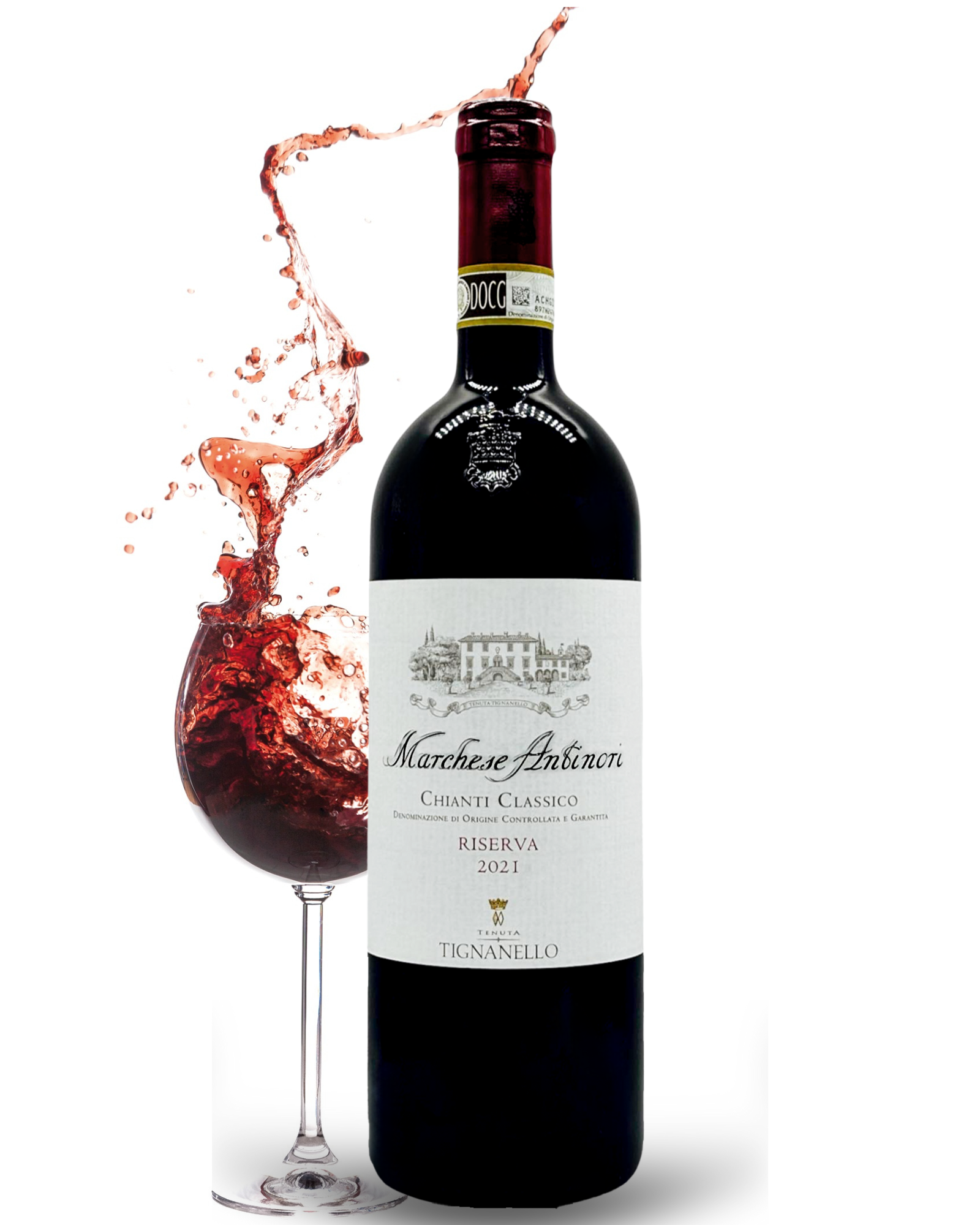 Marchese Antinori Chianti Classico Riserva 2021 – edler italienischer Rotwein mit Weinglas und Rotweinsplash auf weißem Hintergrund, jetzt online kaufen bei Bella Italia Store