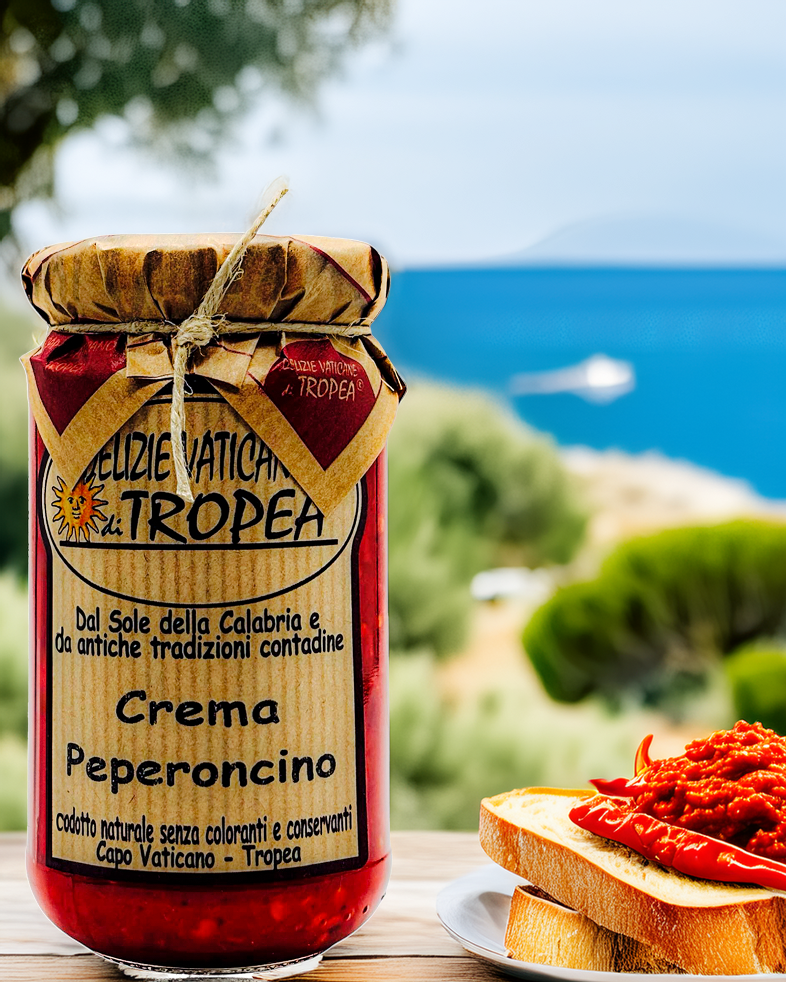 Crema Peperoncino aus Kalabrien – scharfe Chili-Creme im Glas auf rustikalem Holztisch mit frischen Peperoncini und geröstetem Brot, im Hintergrund das Meer und mediterrane Landschaft