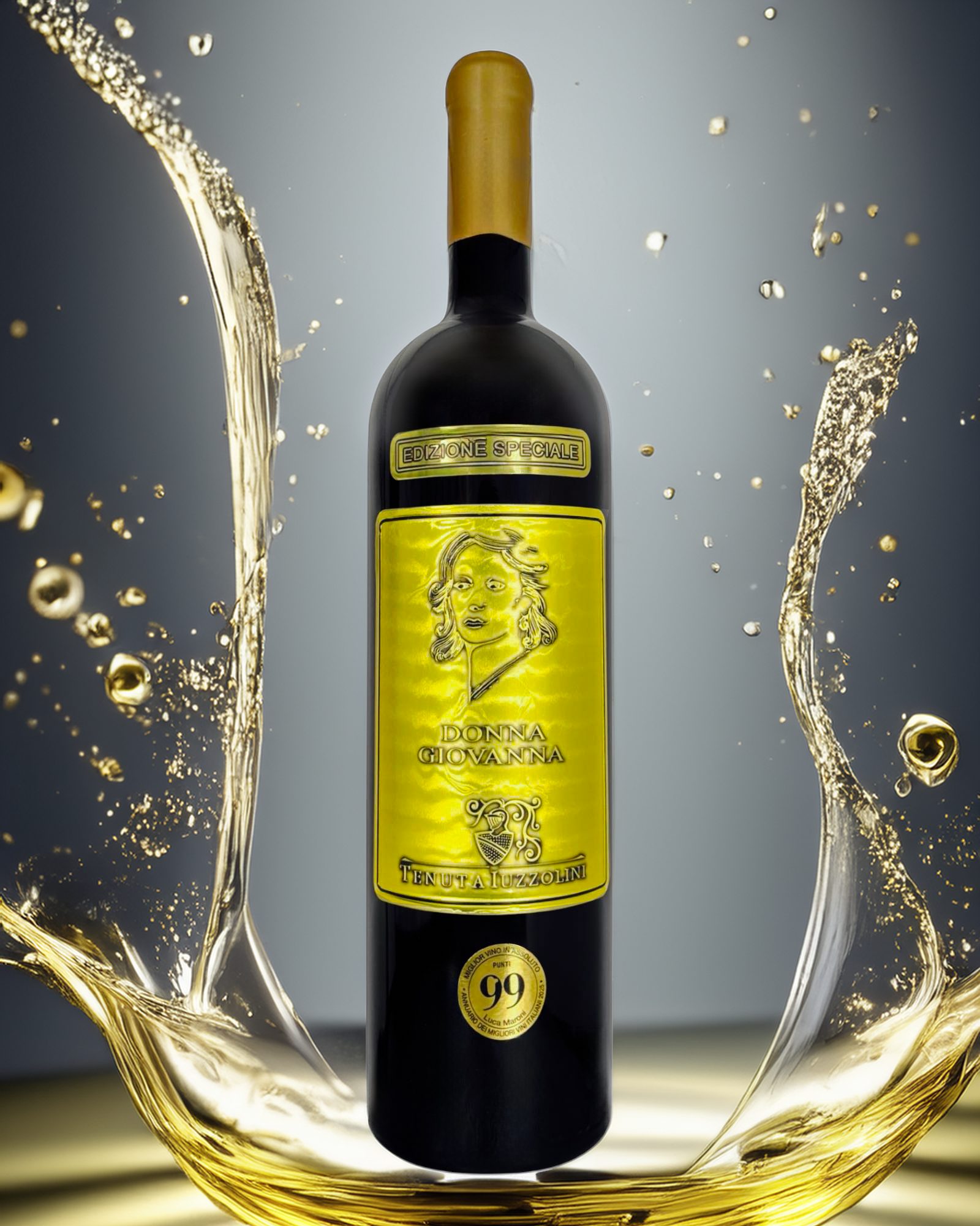 Donna Giovanna Weißweinflasche mit einem stilvollen Splash aus Weißwein, der nach oben spritzt – modern, lebendig und hochwertig inszeniert.