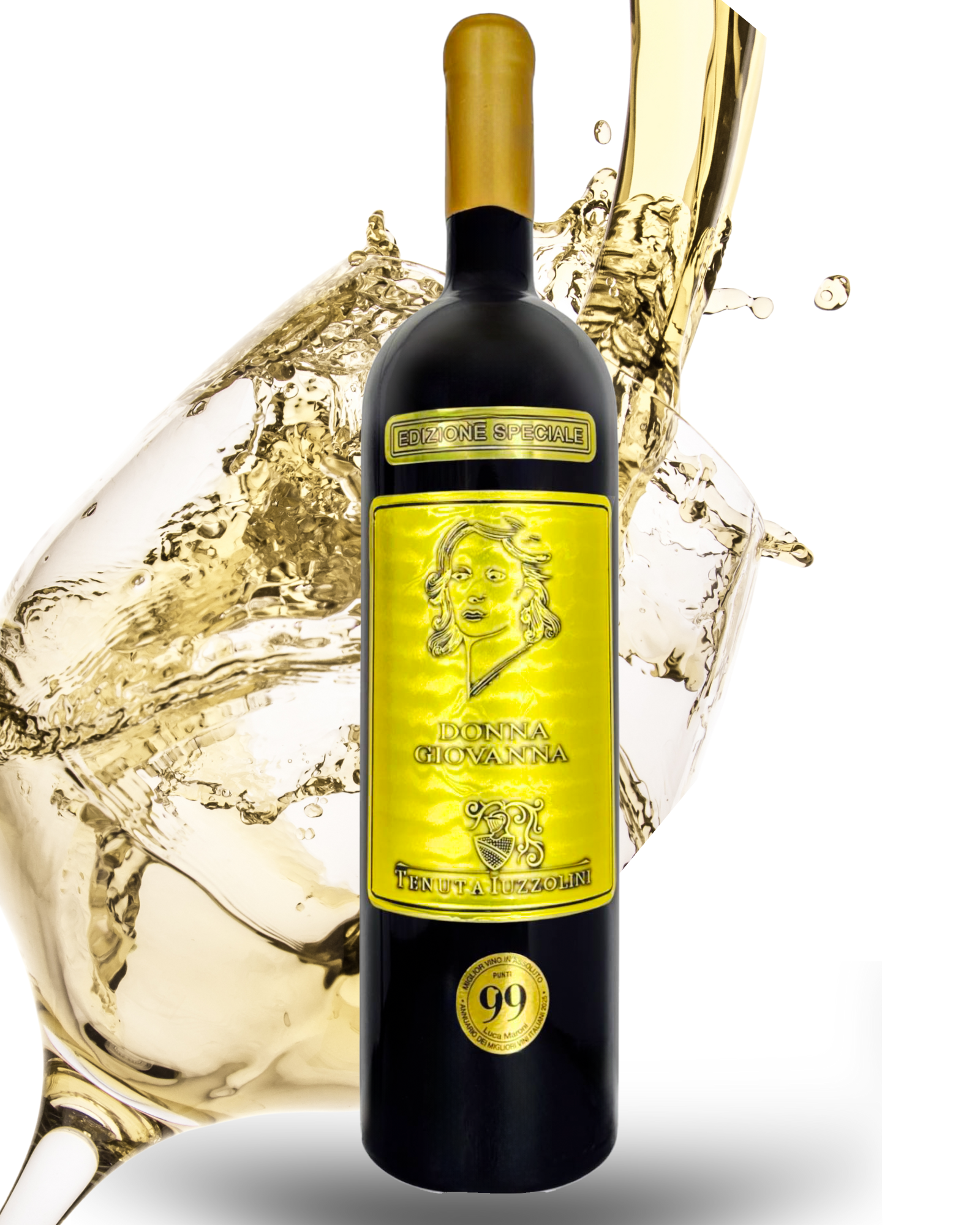 Elegante Flasche Donna Giovanna Weißwein mit einem dynamischen goldenen Weinsplash im Hintergrund – frisch, edel und typisch italienisch.