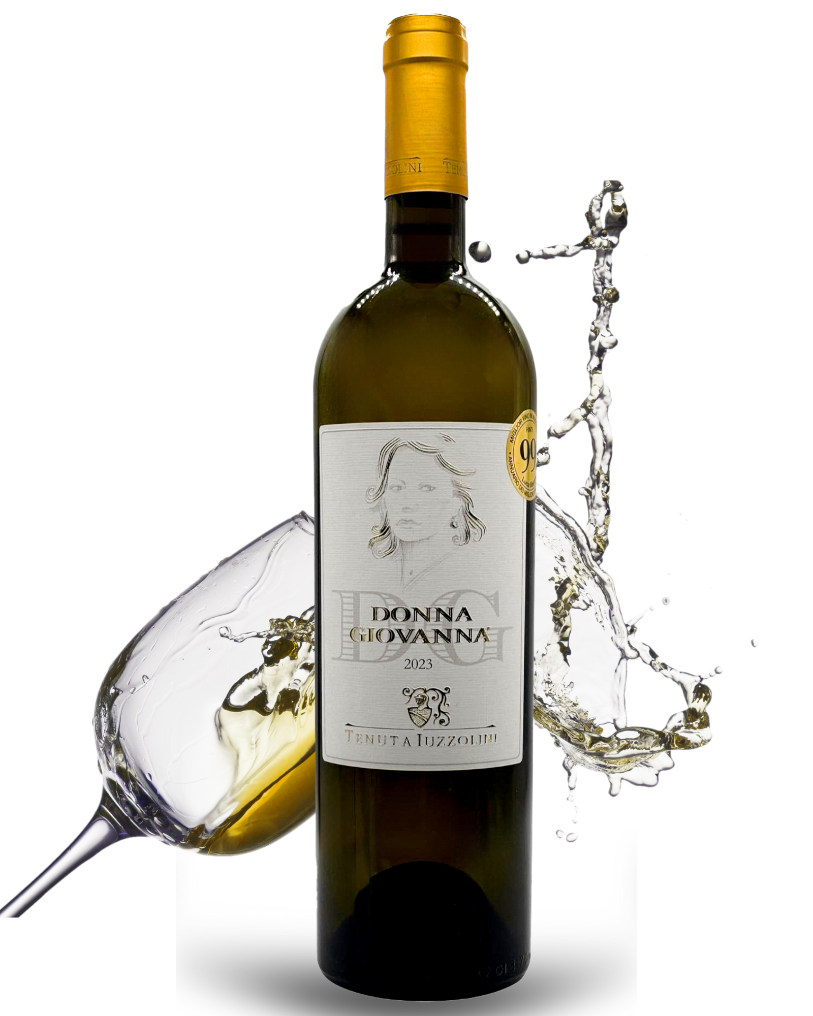 Flasche Donna Giovanna Weißwein 2023 von Tenuta Iuzzolini mit Weißweinsplash und Glas – eleganter italienischer Weißwein aus Kalabrien jetzt online kaufen bei Bella Italia Store