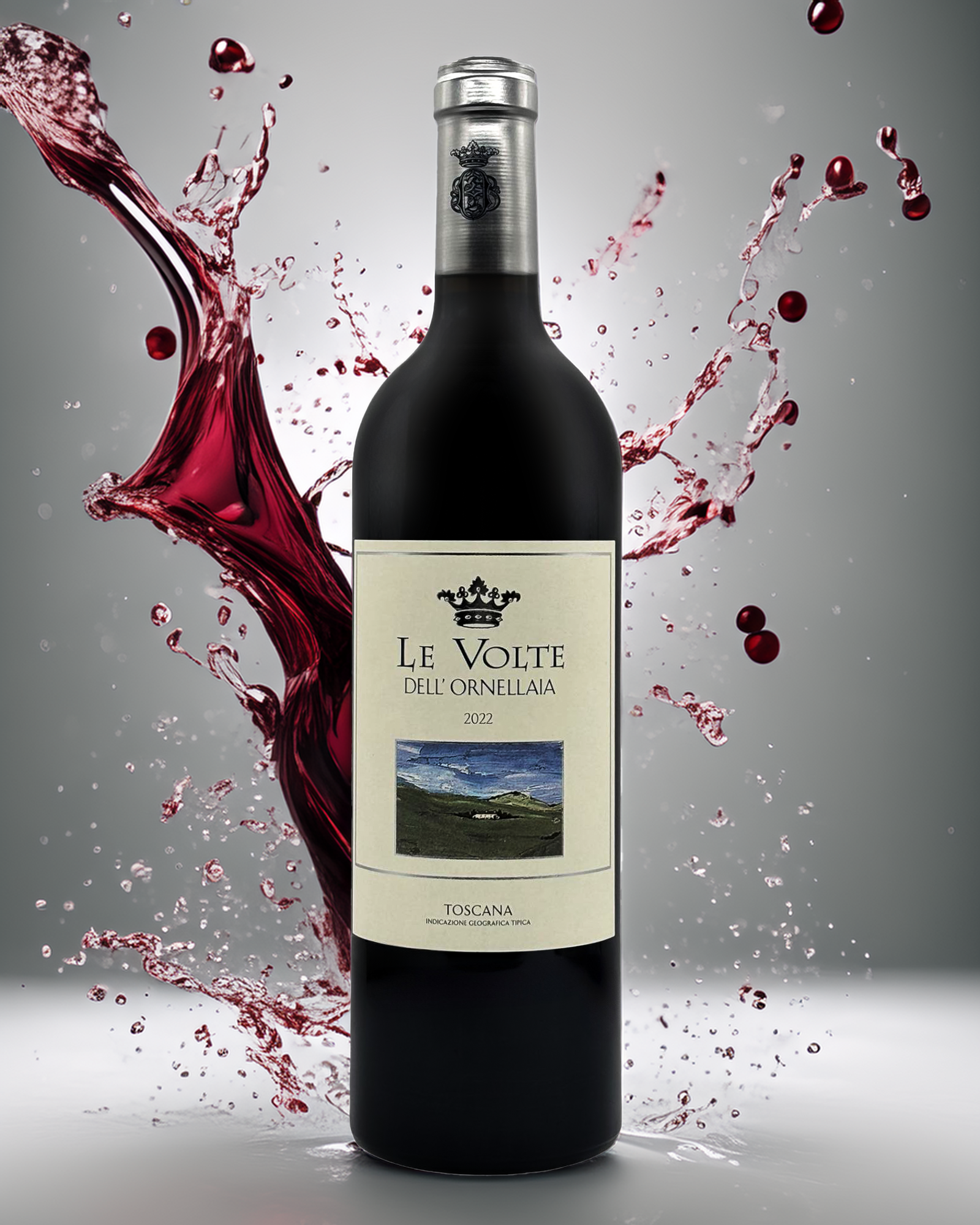 Le Volte dell'Ornellaia 2022 – edler italienischer Rotwein mit realistischer Splash-Effekt-Inszenierung, jetzt online erhältlich bei Bella Italia Store.