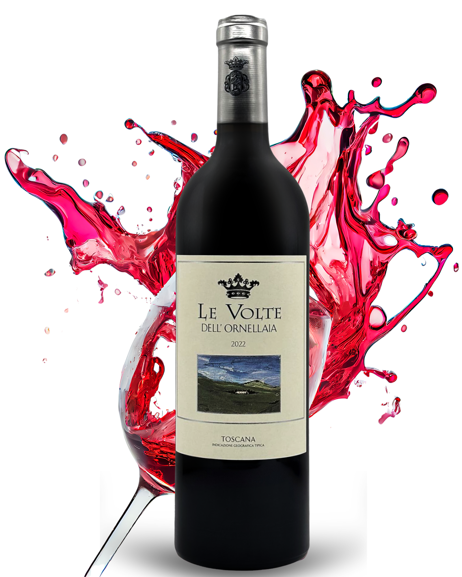 Italienischer Rotwein Le Volte dell'Ornellaia mit eindrucksvollem 3D-Weinspritzer im Hintergrund – exklusiv online kaufen bei Bella Italia Store.