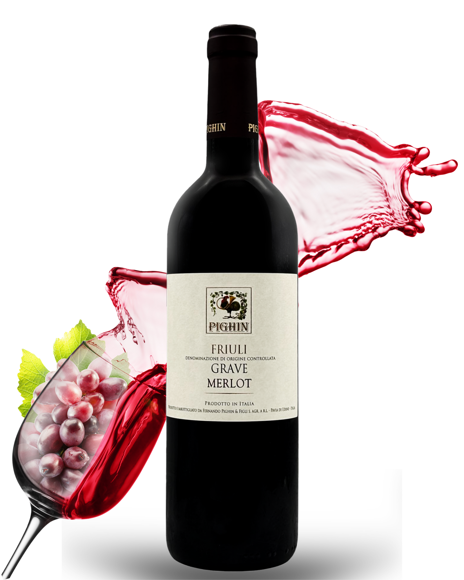 Merlot Rotweinflasche mit rotem Weinspritzer und Trauben – modernes Design mit elegantem Spritzeffekt.