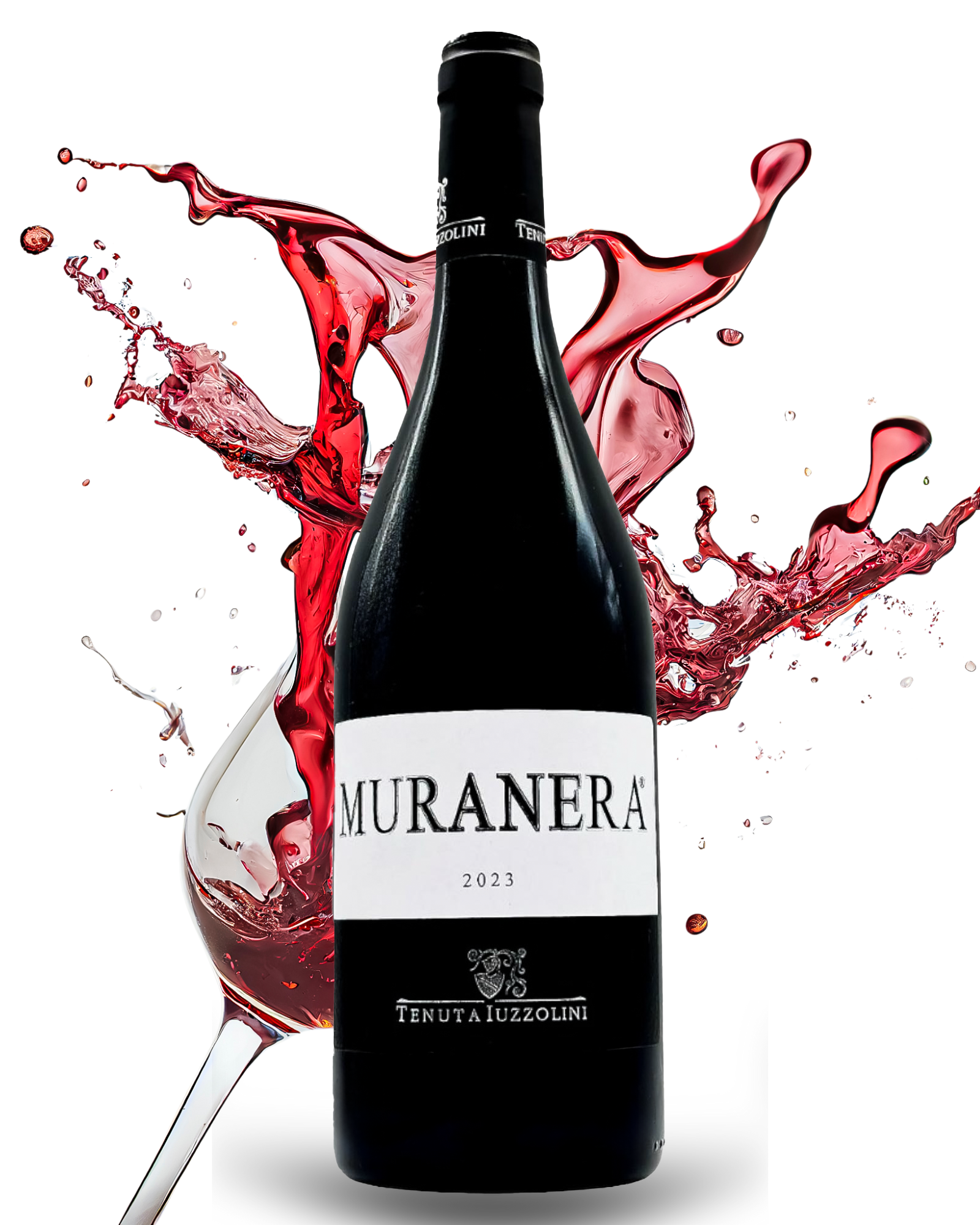 Muranera Rotwein 2023 von Tenuta Iuzzolini – italienischer Rotweinflasche mit spritzendem Weinglas auf weißem Hintergrund