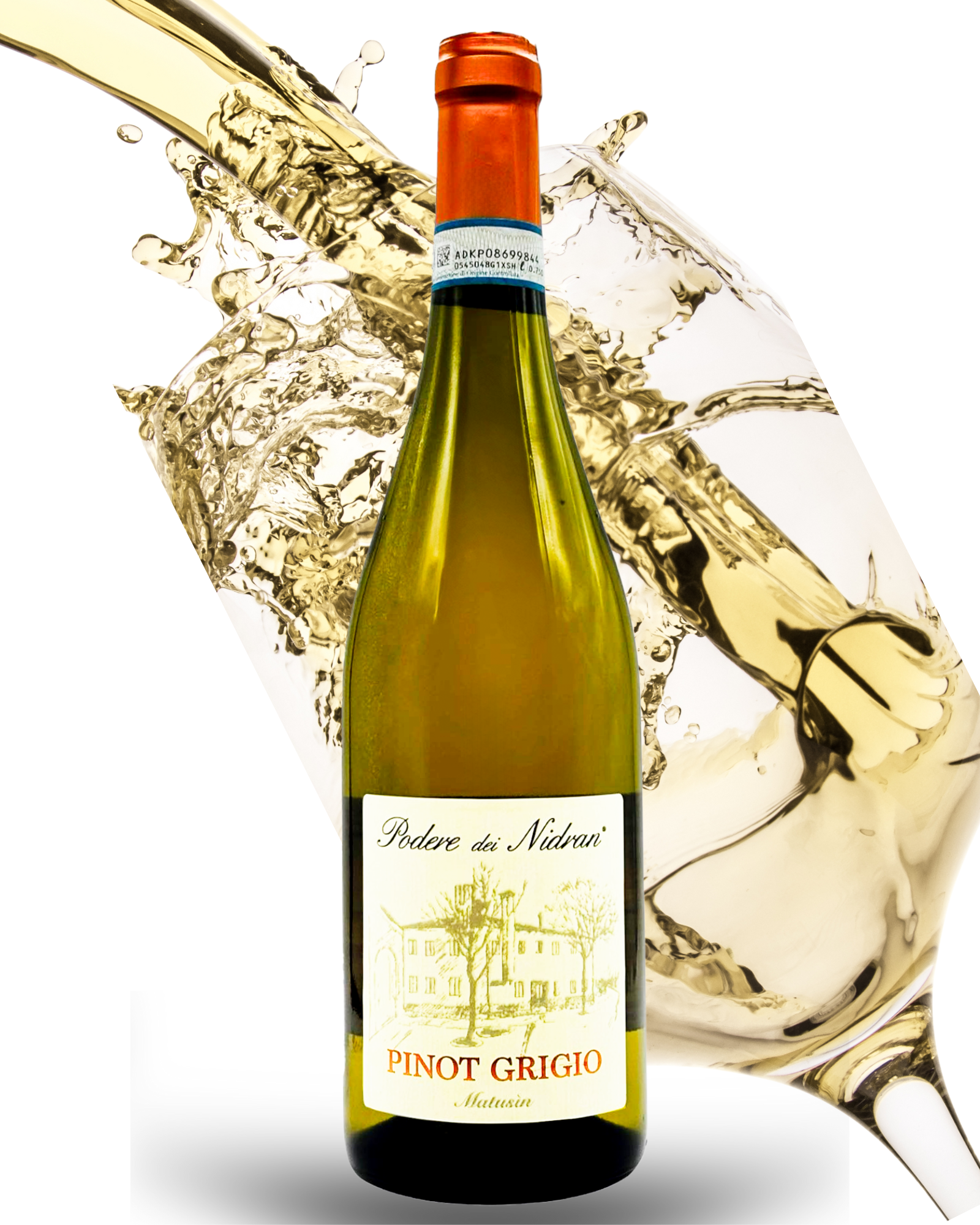 Italienischer Weißwein „Pinot Grigio“ mit spritzendem Weißwein im Hintergrund auf weißem Hintergrund – modern und dynamisch dargestellt.