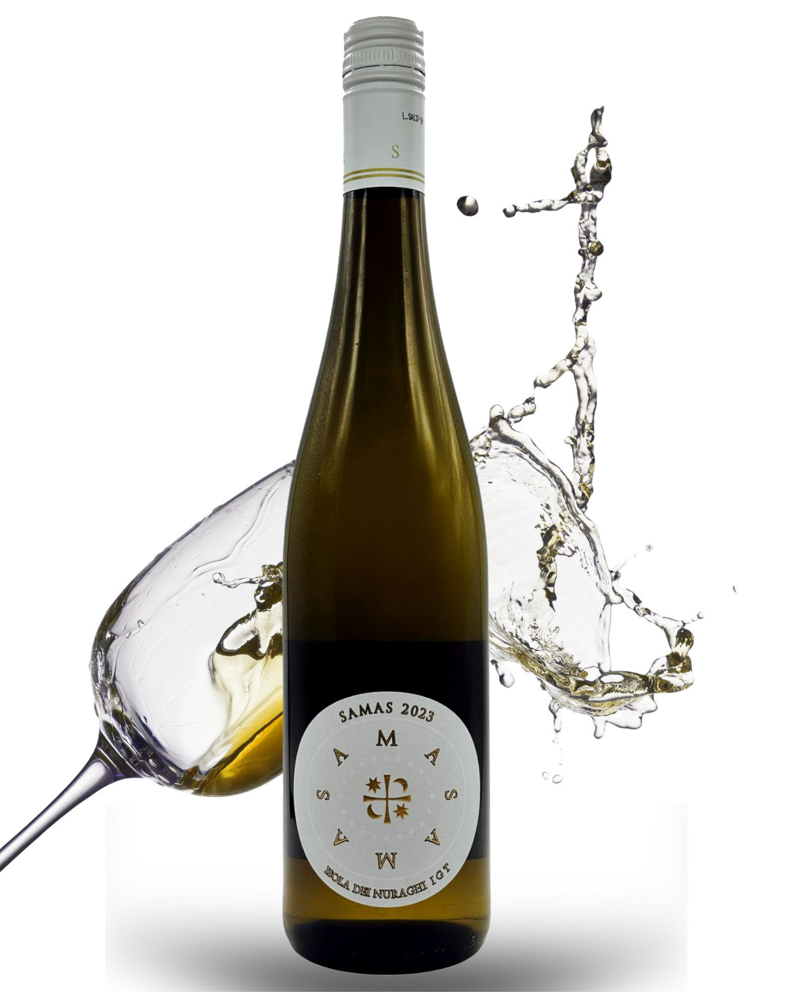 Italienischer Weißwein mit spritzendem Effekt im Hintergrund, edle Präsentation mit Glas und Splash auf weißem Hintergrund.