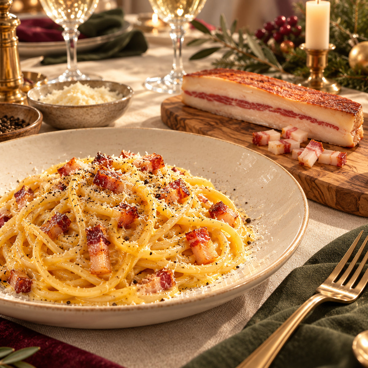 Spaghetti Carbonara mit knusprigem Guanciale an einer festlich gedeckten Tafel – Serviervorschlag.