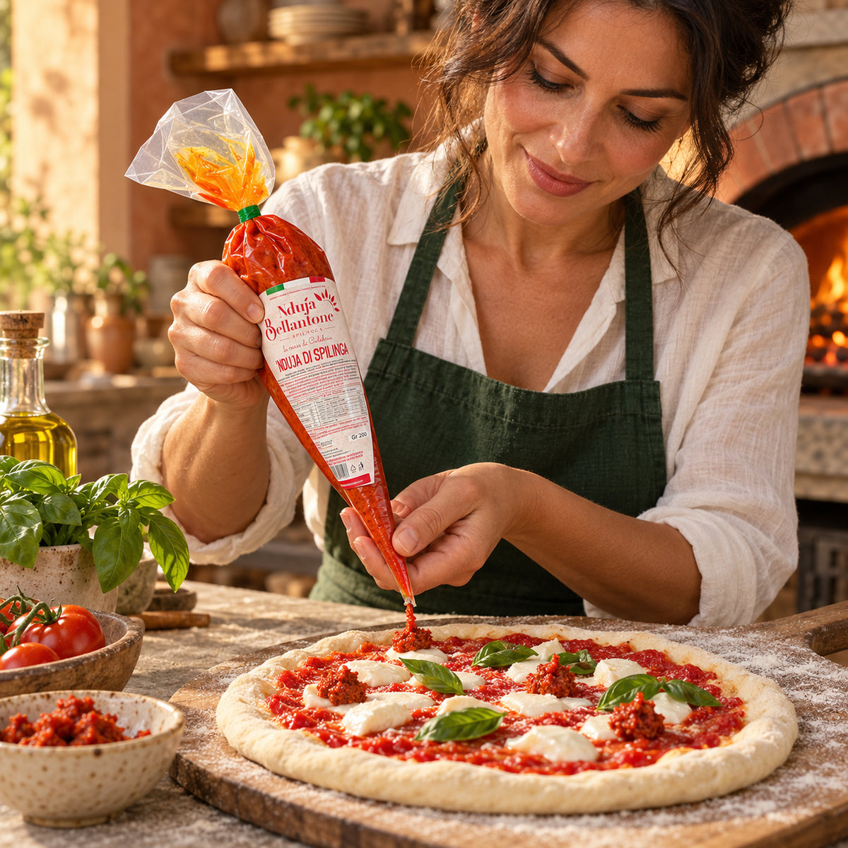 Eine Frau dosiert Nduja Bellantone aus dem Spritzbeutel auf eine Pizza mit Tomaten und Mozzarella – Serviervorschlag.
