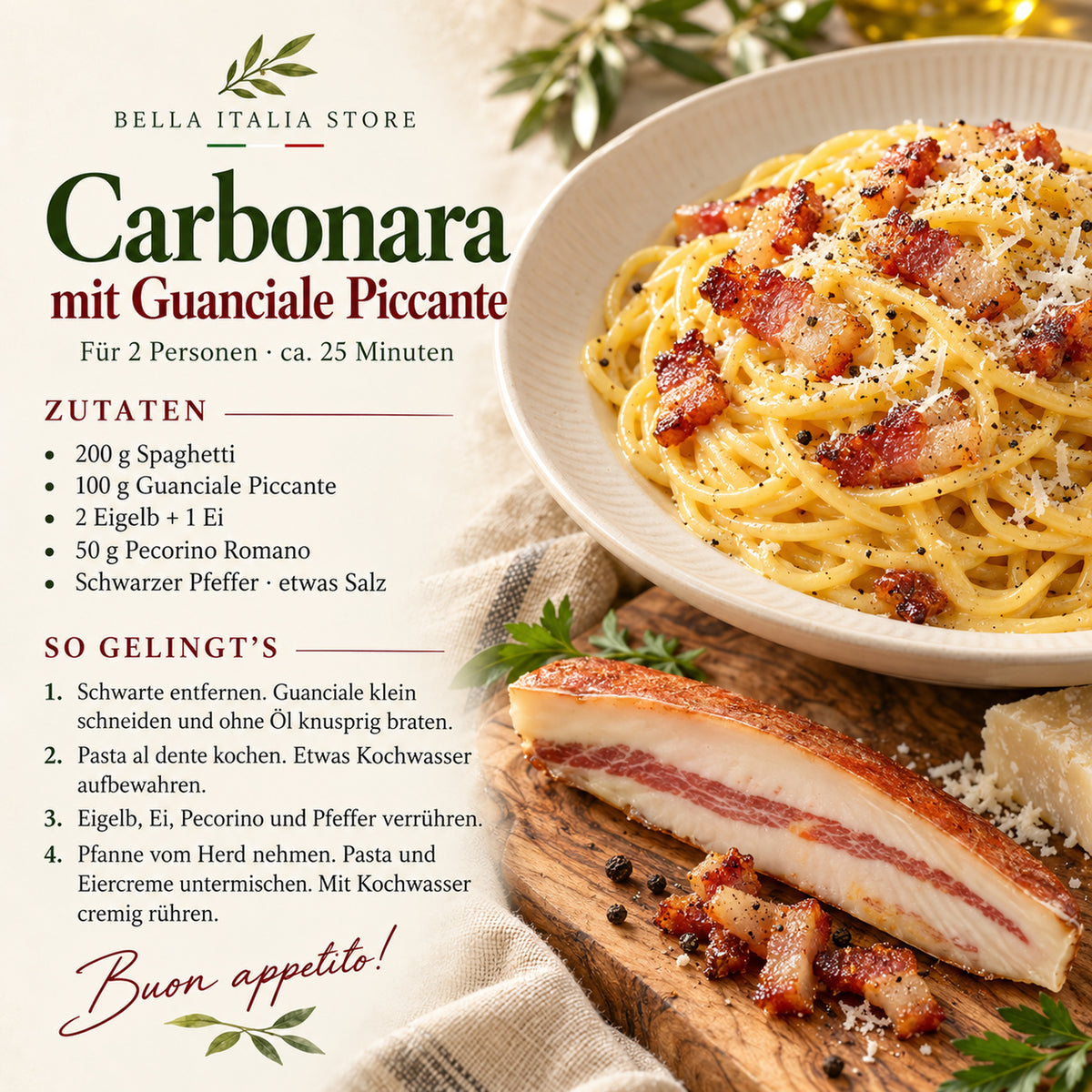 Carbonara-Rezept für zwei Personen mit Guanciale Piccante, Ei und Pecorino Romano.