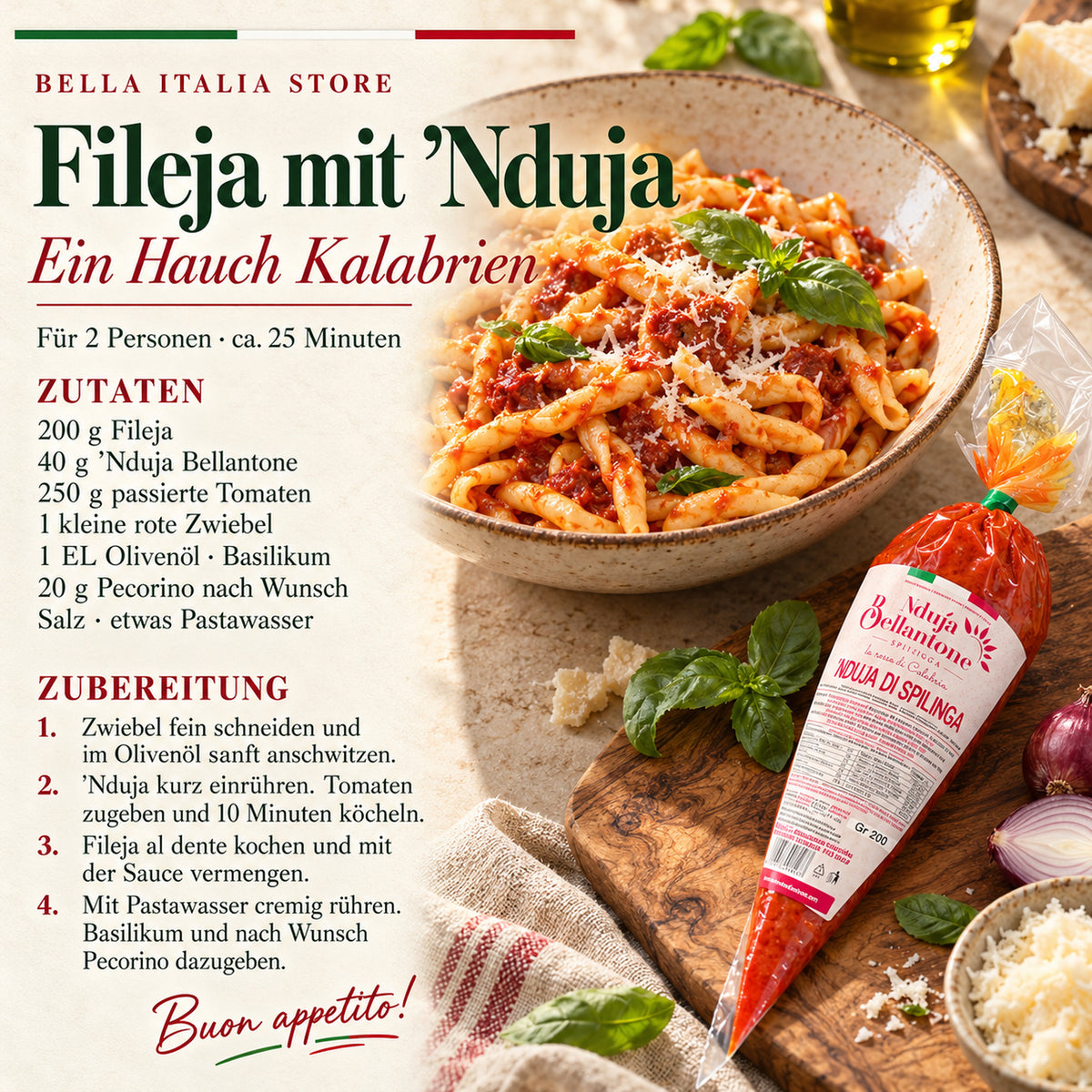 Fileja mit Nduja Bellantone: Rezept für zwei Personen mit Tomaten, roter Zwiebel, Basilikum und optional Pecorino.