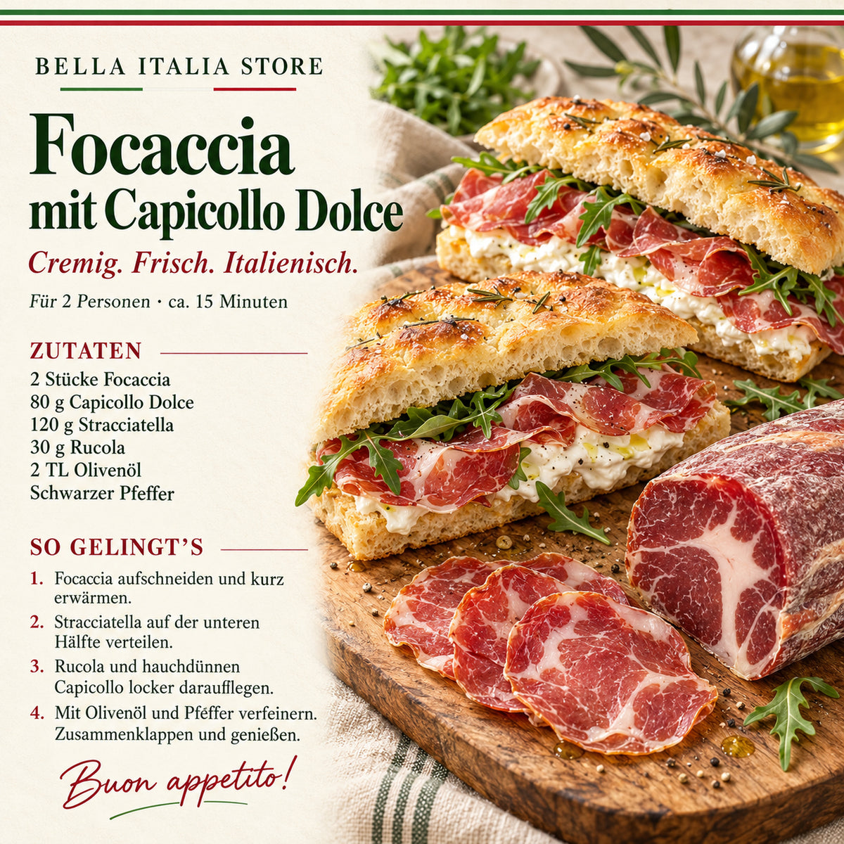 Rezept für Focaccia mit Capicollo Dolce, Stracciatella und Rucola für zwei Personen.