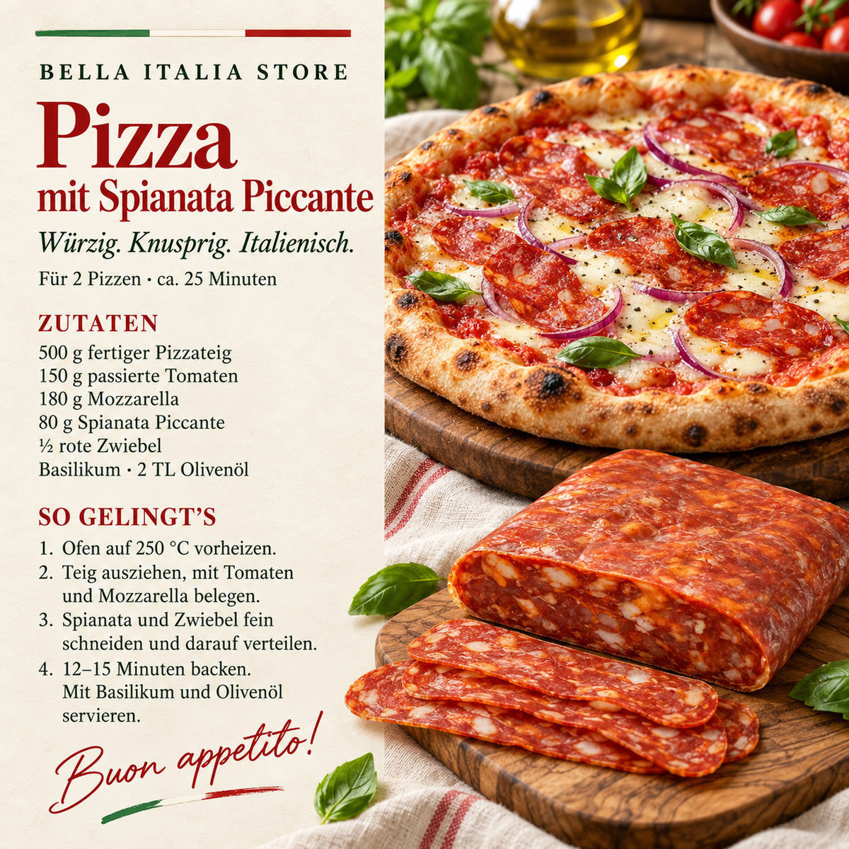 Rezept für zwei Pizzen mit Spianata Piccante, Mozzarella, roten Zwiebeln und Basilikum.