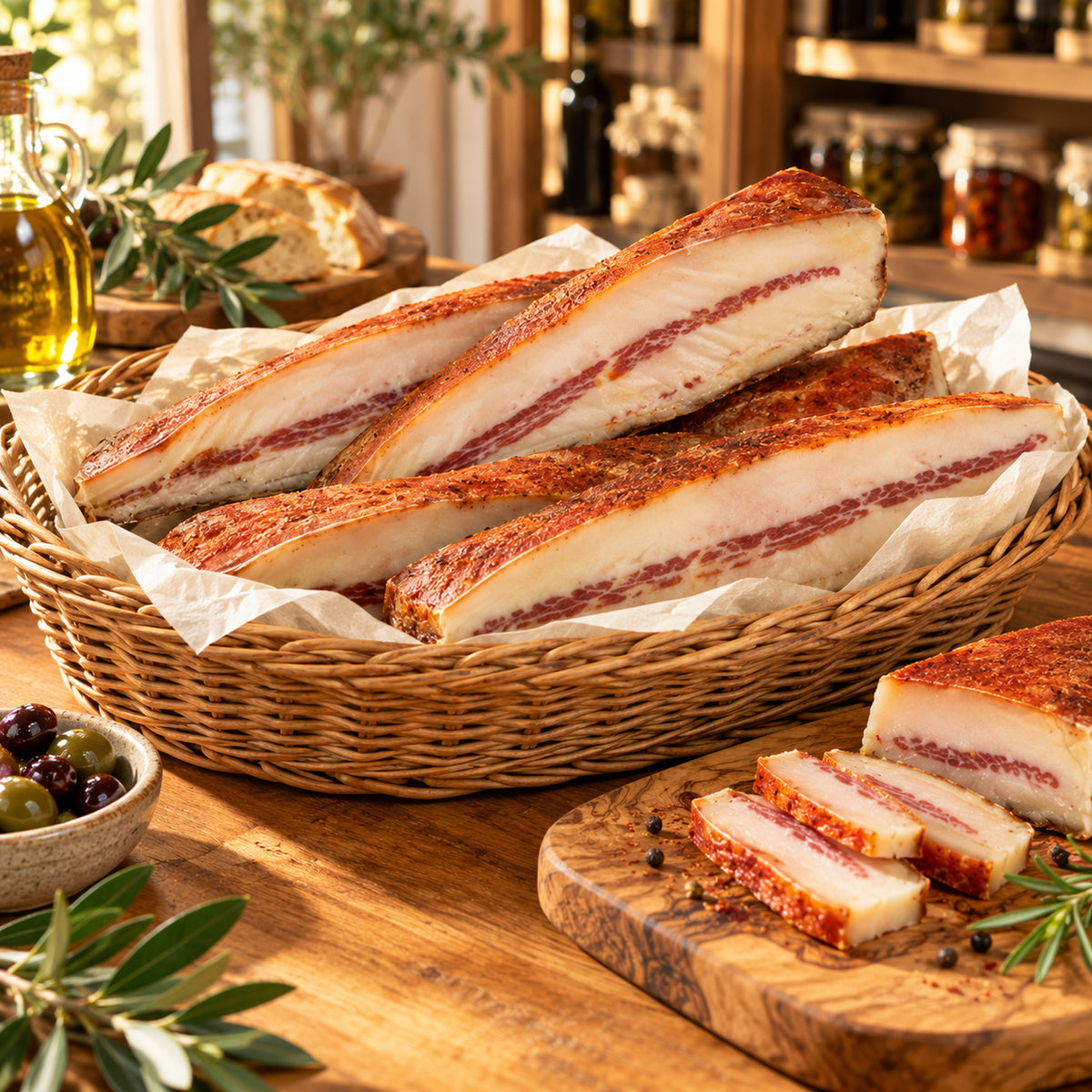 Mehrere Stücke Guanciale Piccante in einem Naturweidenkorb auf einer italienischen Feinkosttheke – illustrative Präsentation.