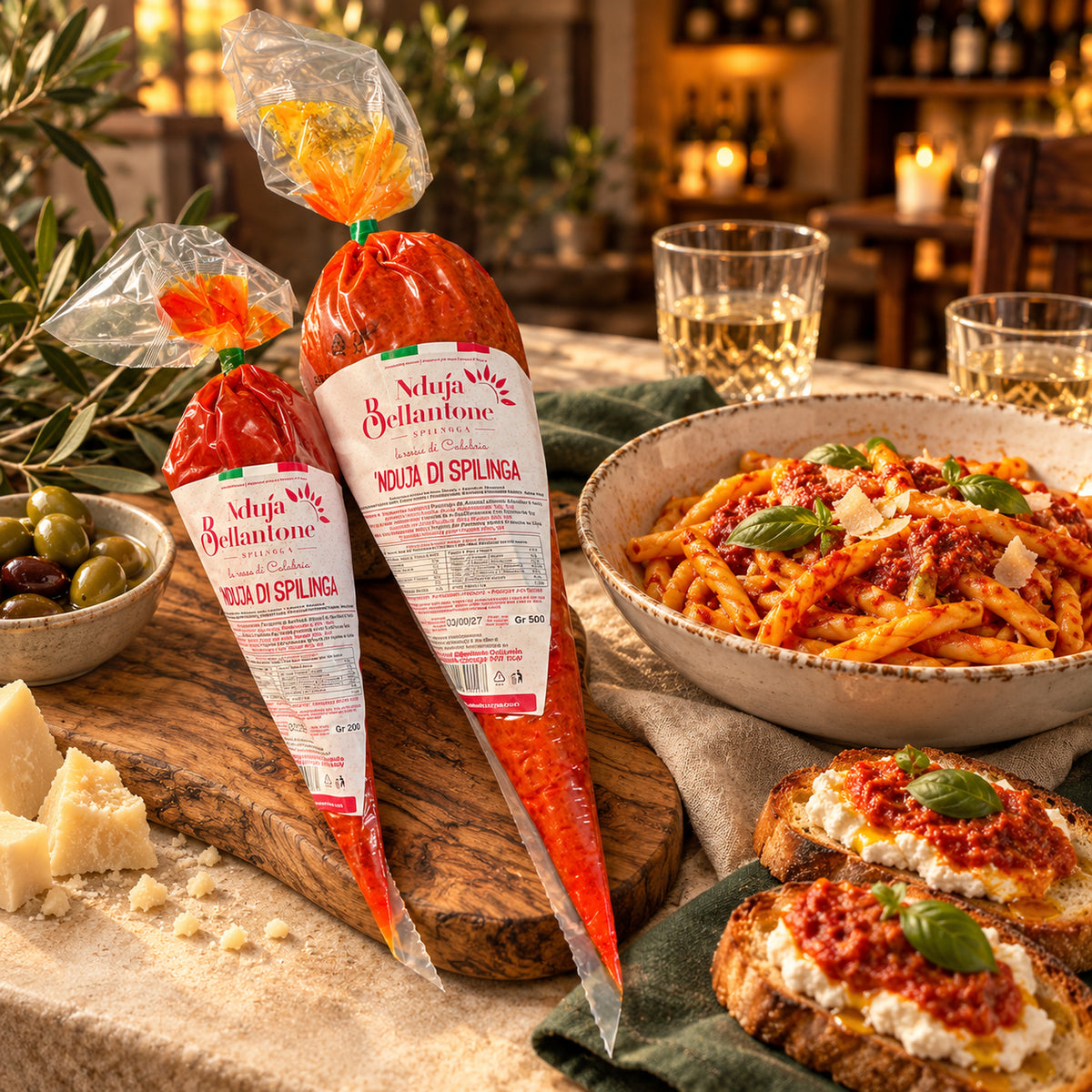 Nduja Bellantone in Spritzbeuteln neben Fileja und Bruschetta auf einer italienischen Abendtafel – Serviervorschlag.