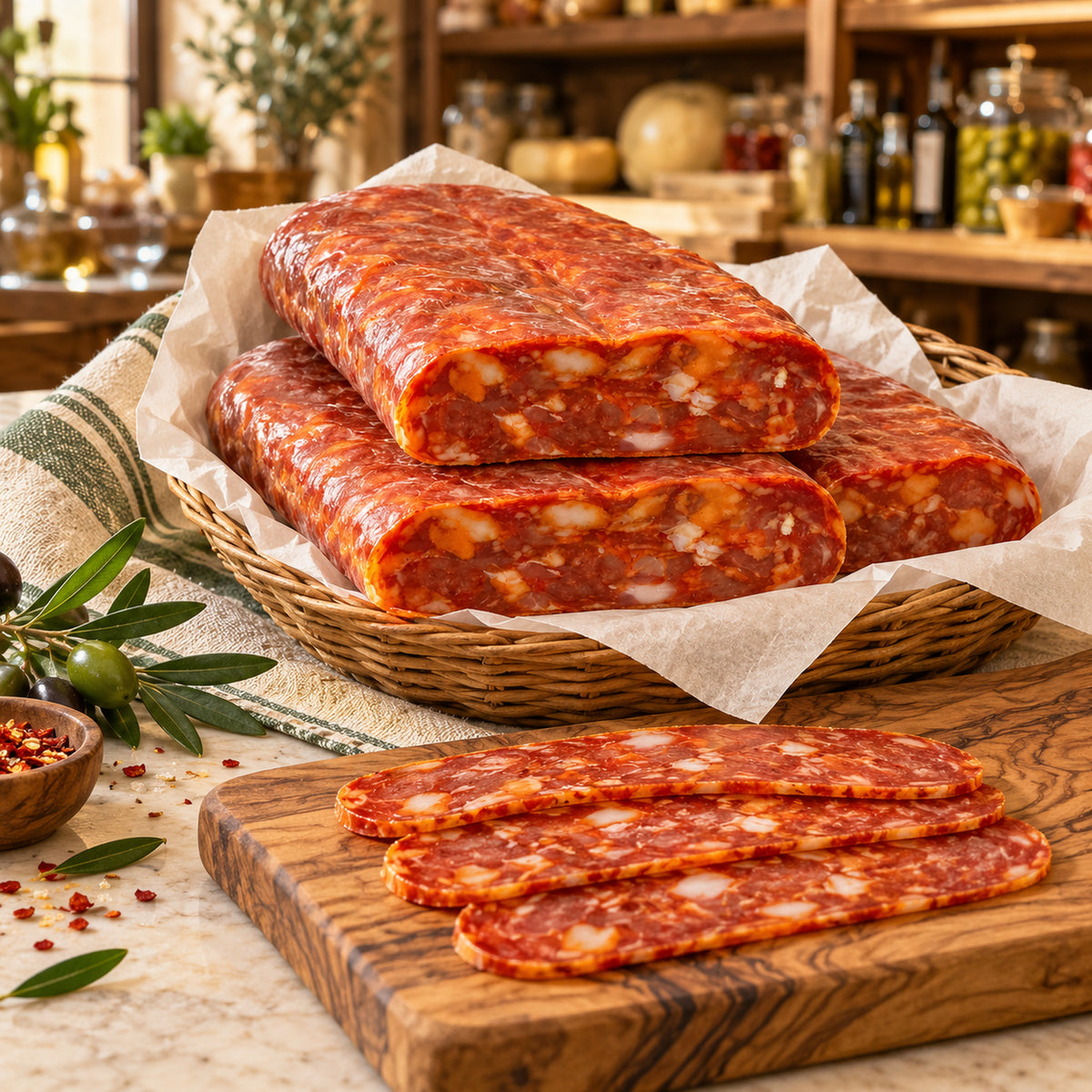 Flache Spianata Piccante in einem Korb einer italienischen Feinkostboutique – dekorative Produktinszenierung.
