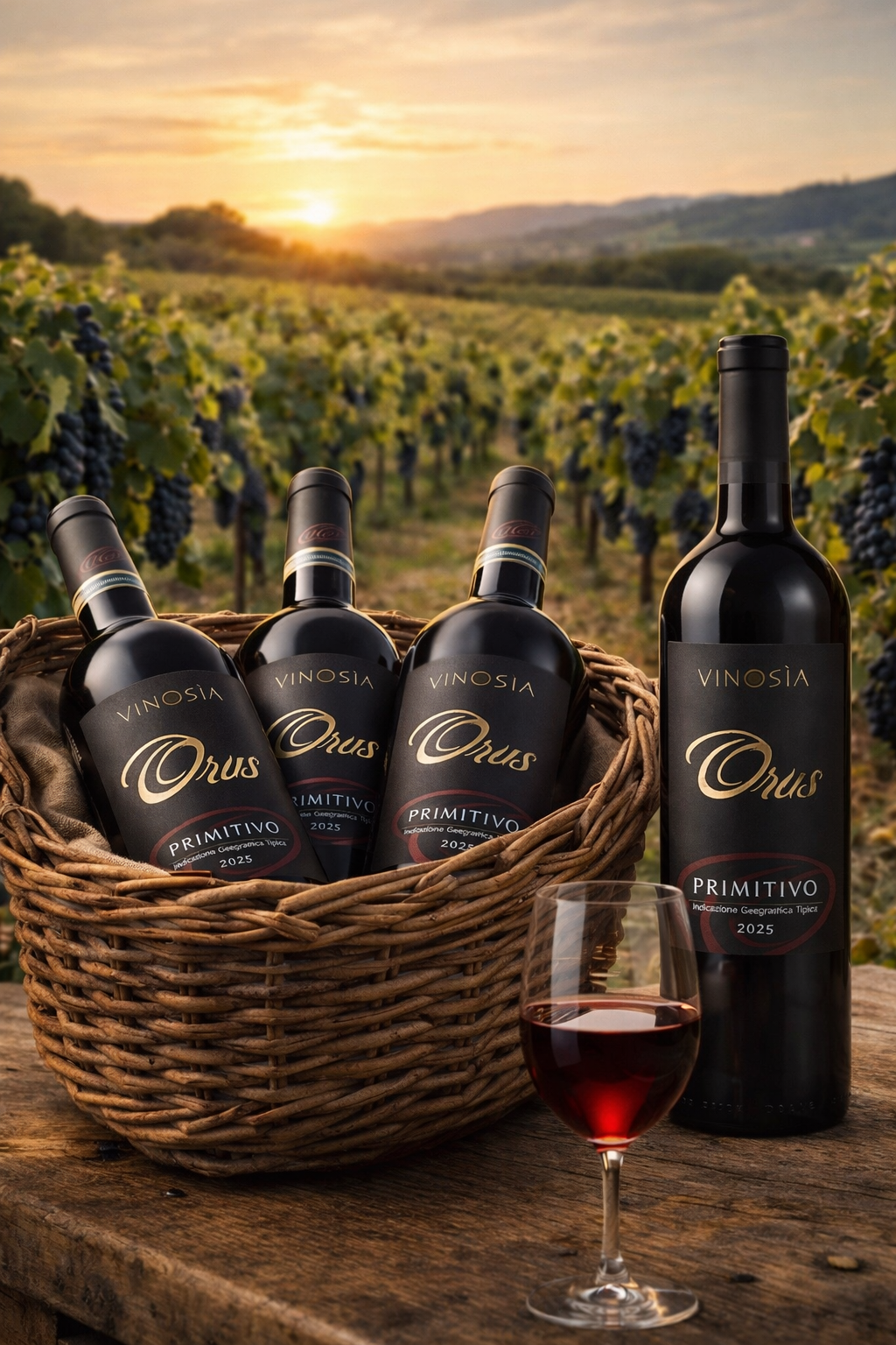 Primitivo Rotwein Vinosia Orus 2025 in Weinkorb im Weinberg bei Sonnenuntergang mit Glas Rotwein im Vordergrund
